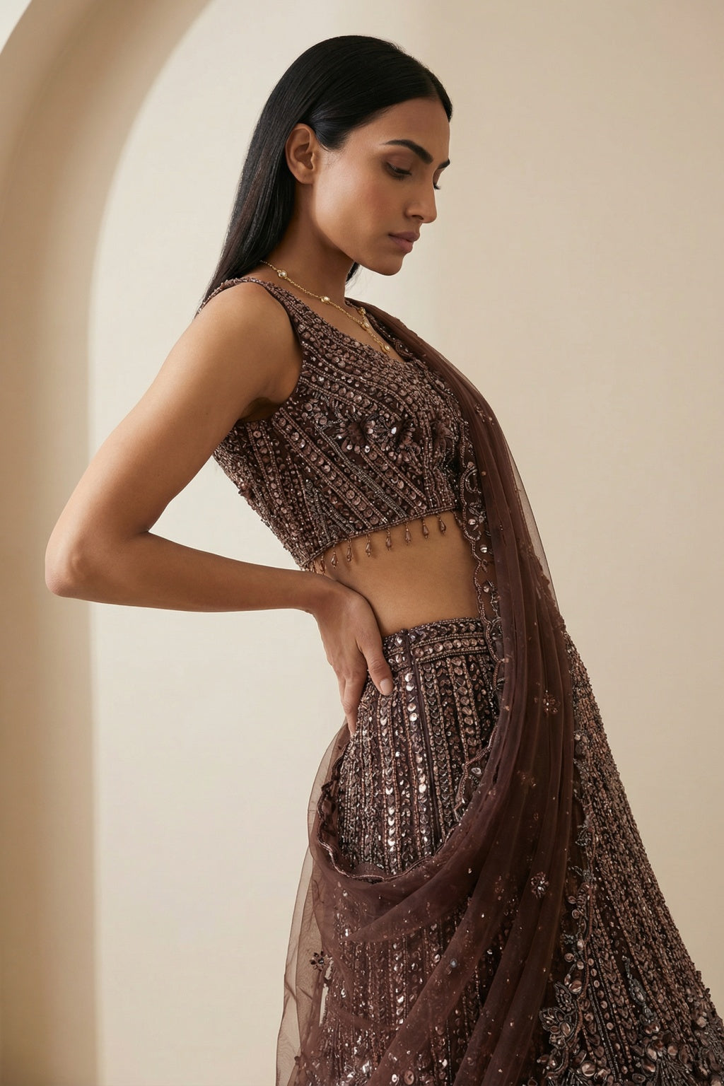 Brown Mermaid Lehenga with Net Dupatta - Mokshaa