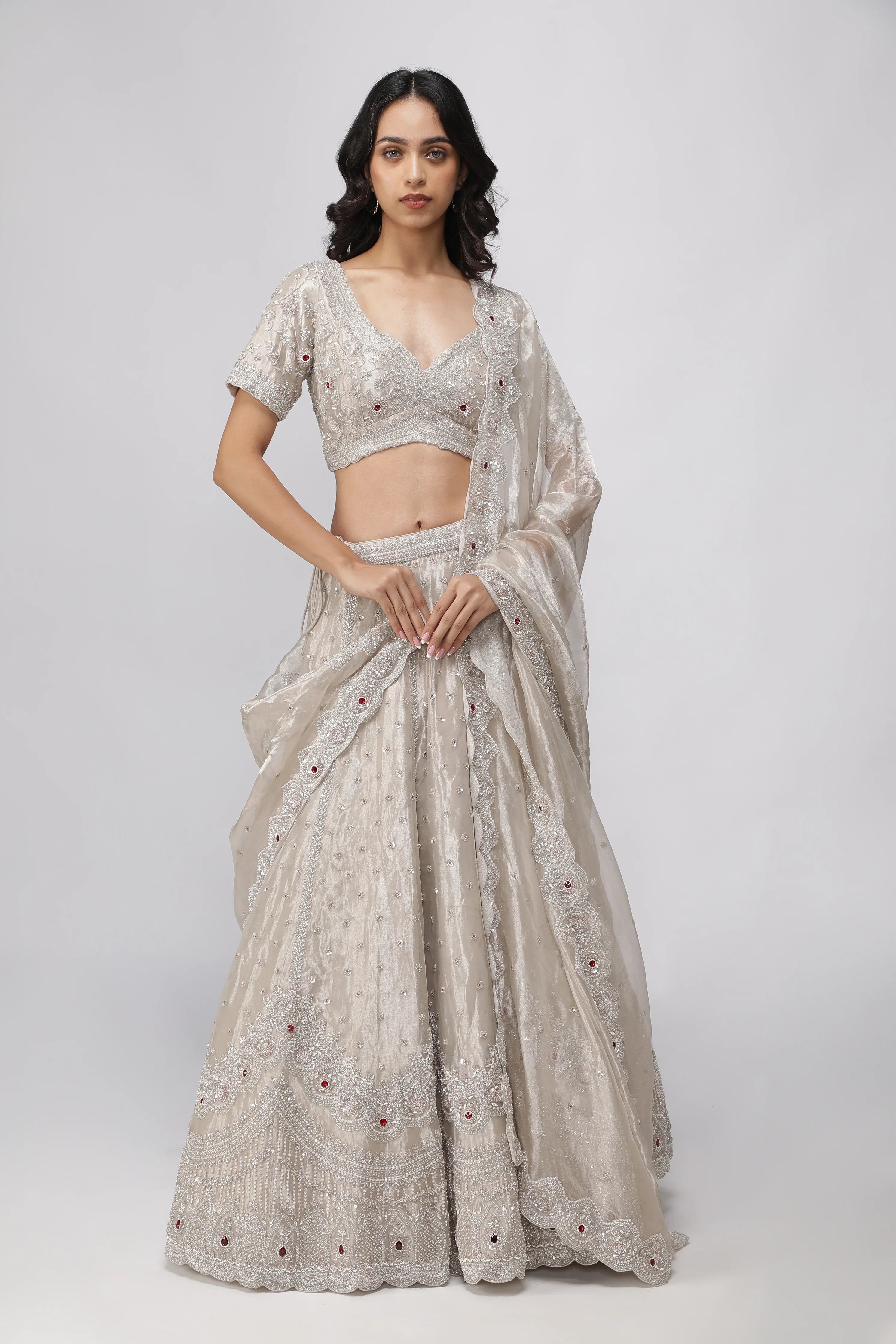Silver Tissue Organza Lehenga Set - Mokshaa