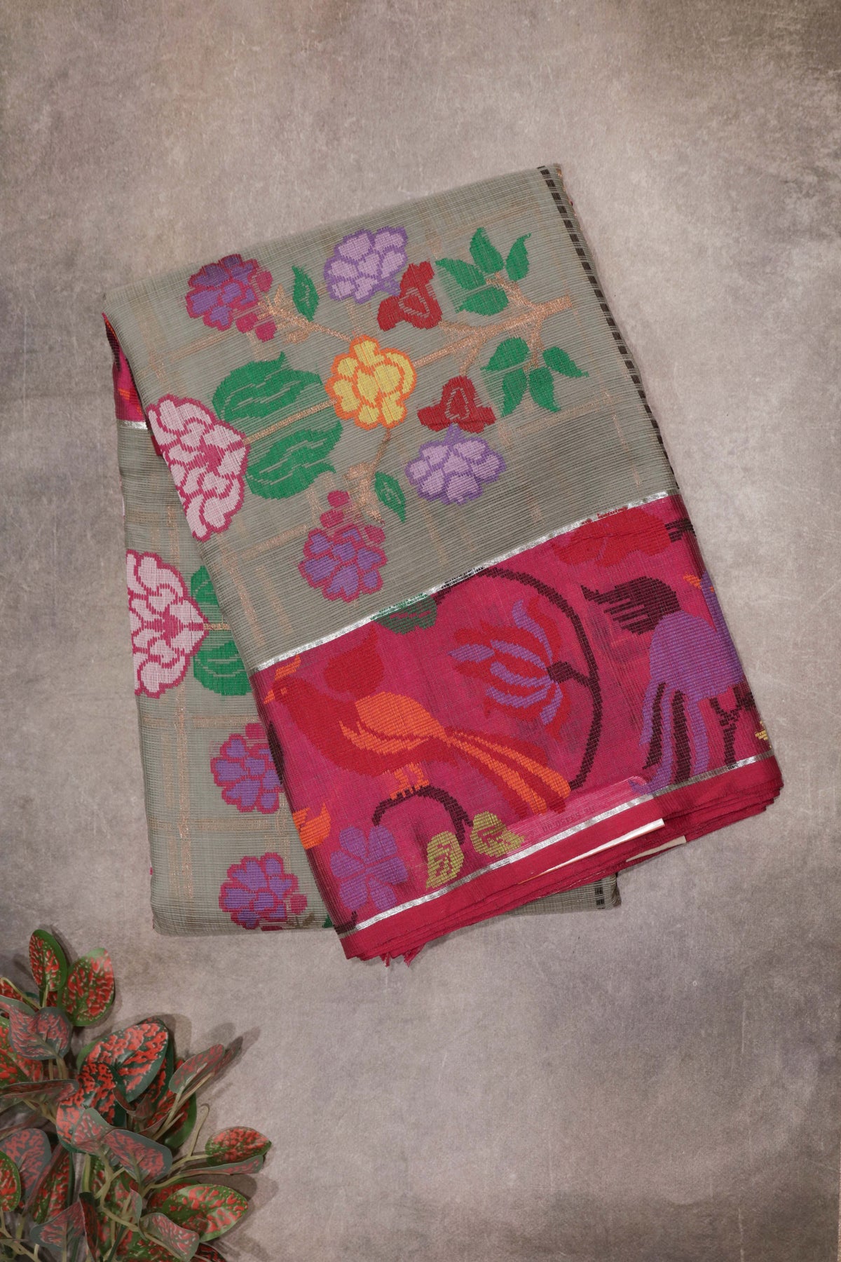 Grey-Green Zari Kota Saree with Jamdani Border - Mokshaa