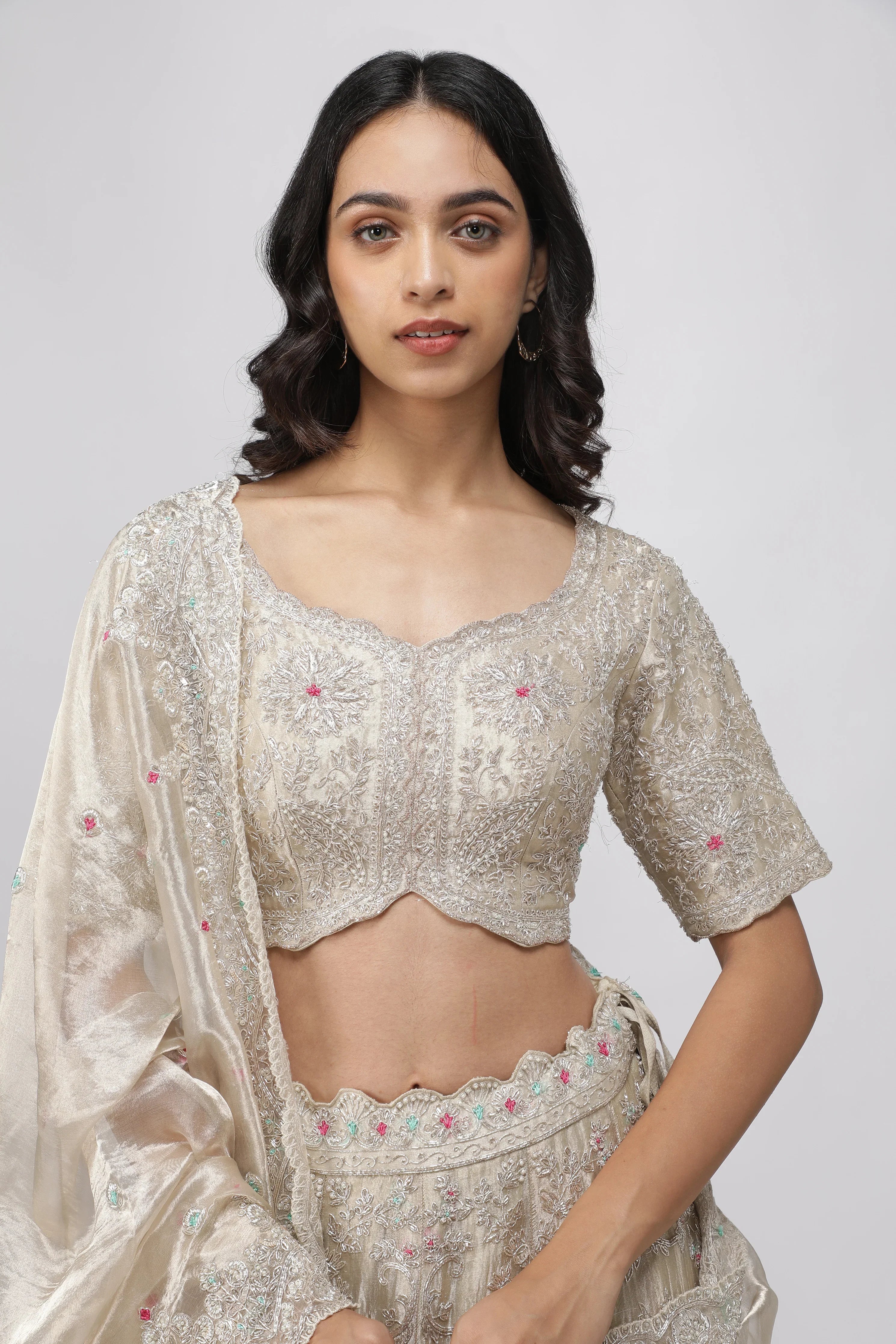 Gold Tissue Organza Embroidered Lehenga Set - Mokshaa