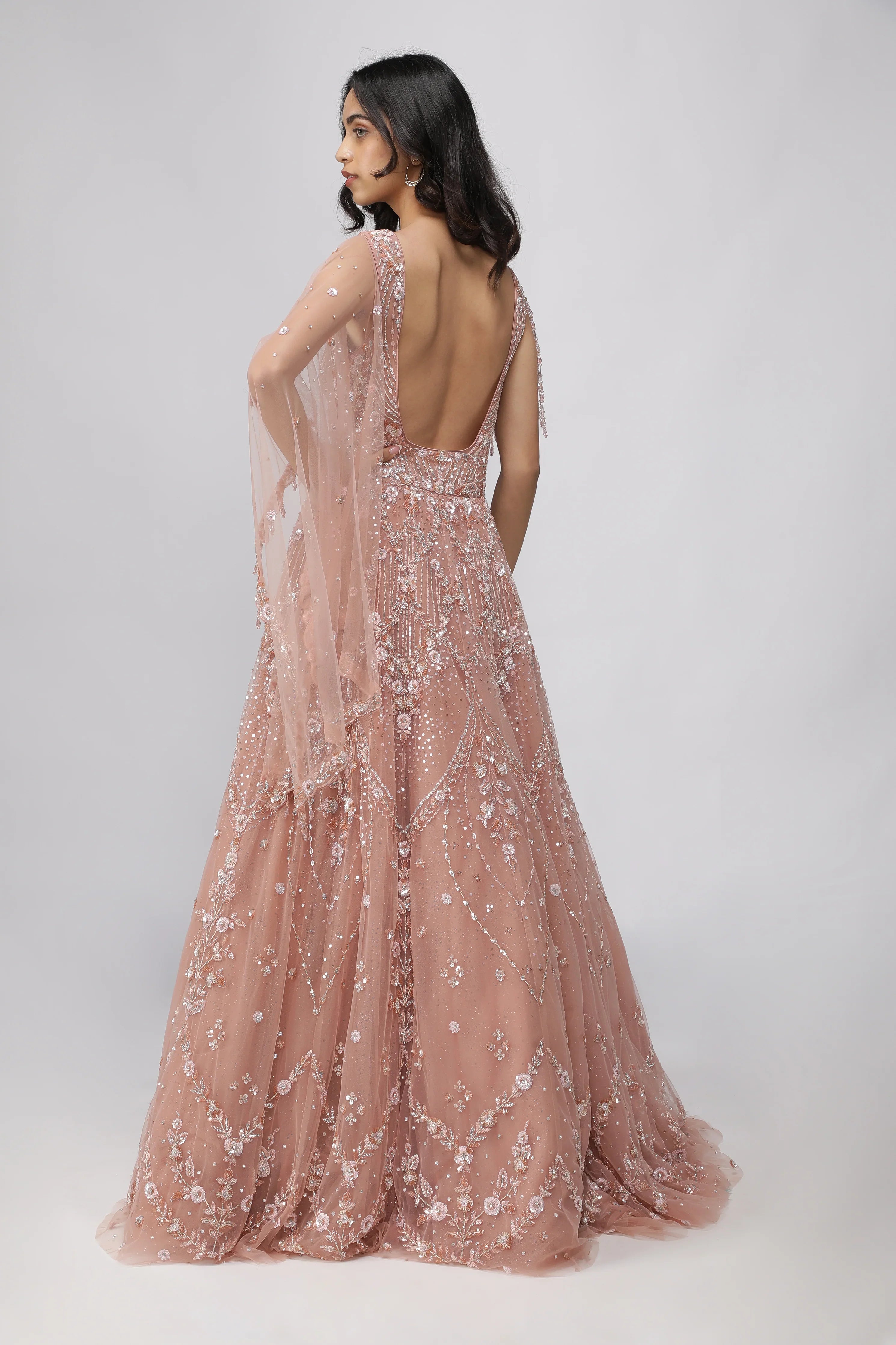Peach Net Gown with Sequins, Cutdana & Pearl Embroidery - Mokshaa