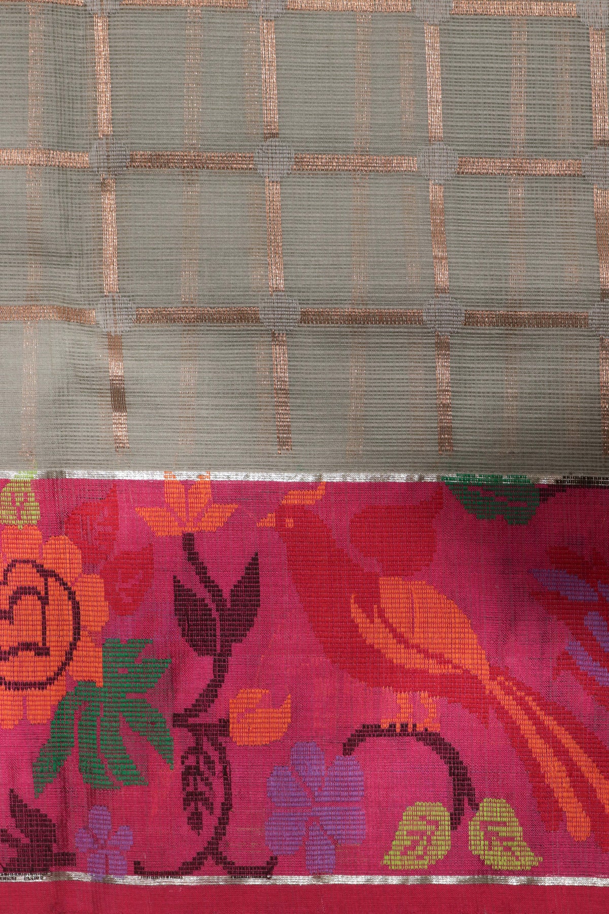 Grey-Green Zari Kota Saree with Jamdani Border - Mokshaa