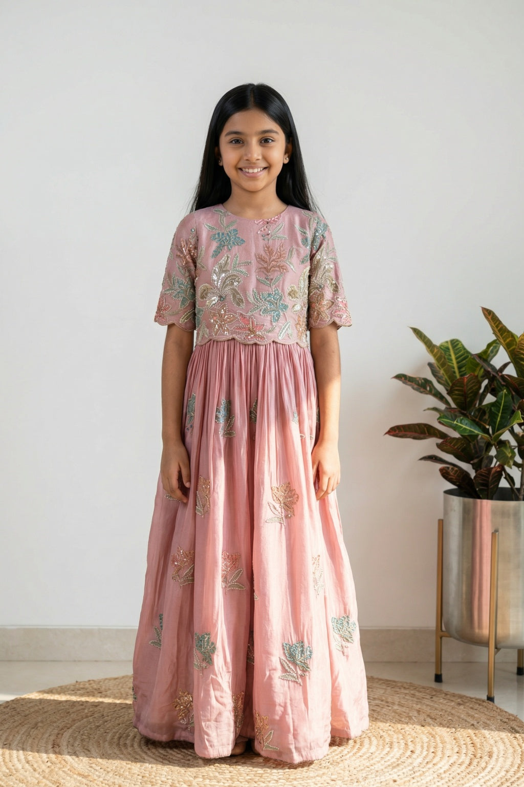 Blush Pink Shimmer Embroidered Kids Gown - Mokshaa