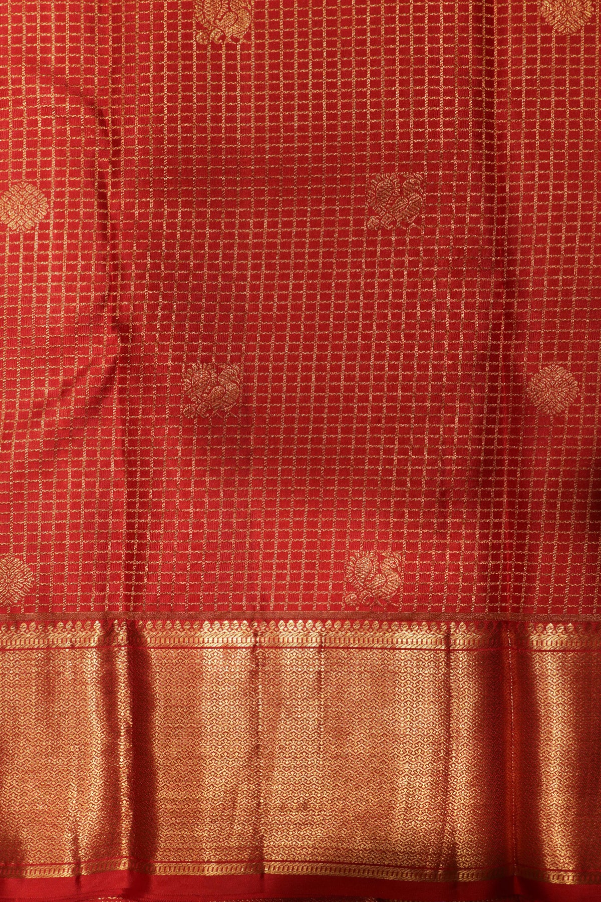 Red Kanchivaram Silk Checked Zari Saree - Mokshaa