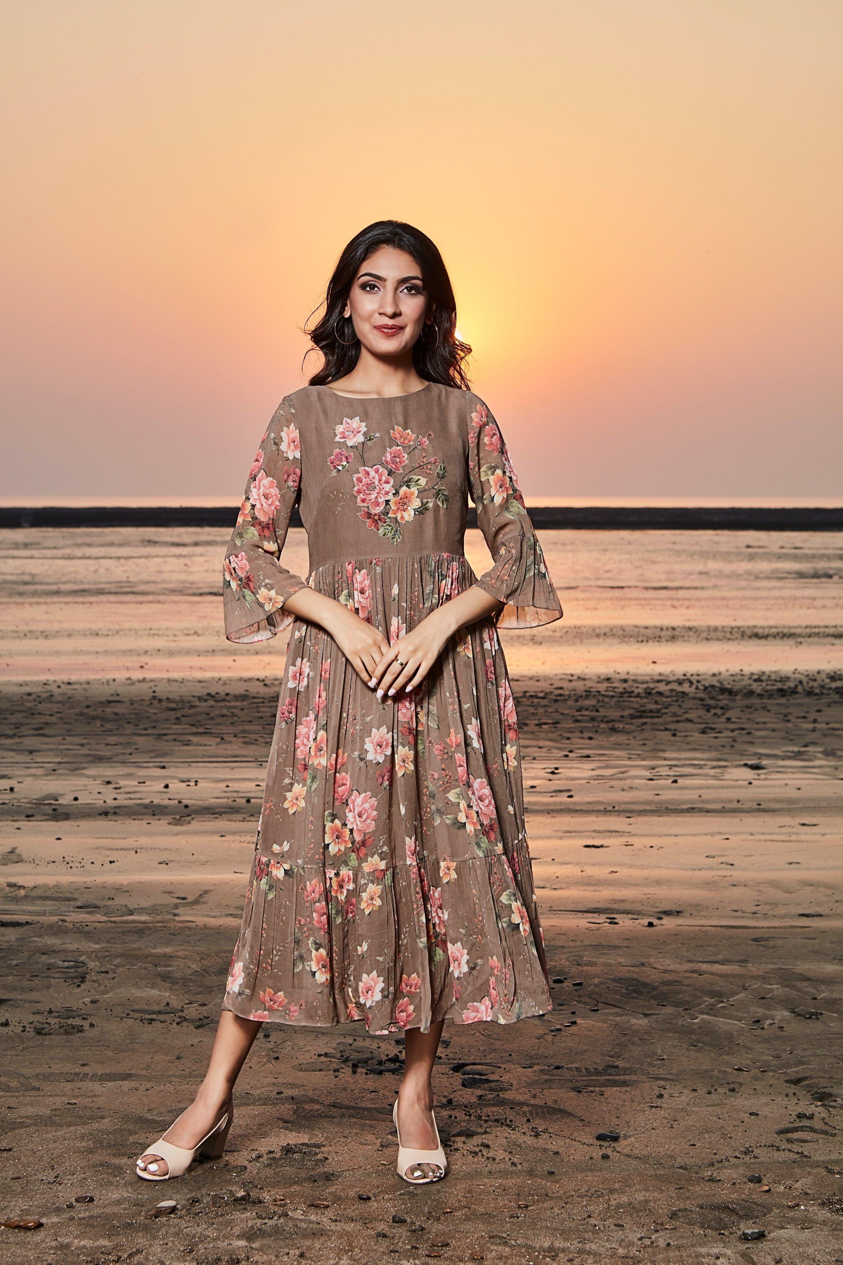 Brown Floral Tiered Dress - Mokshaa
