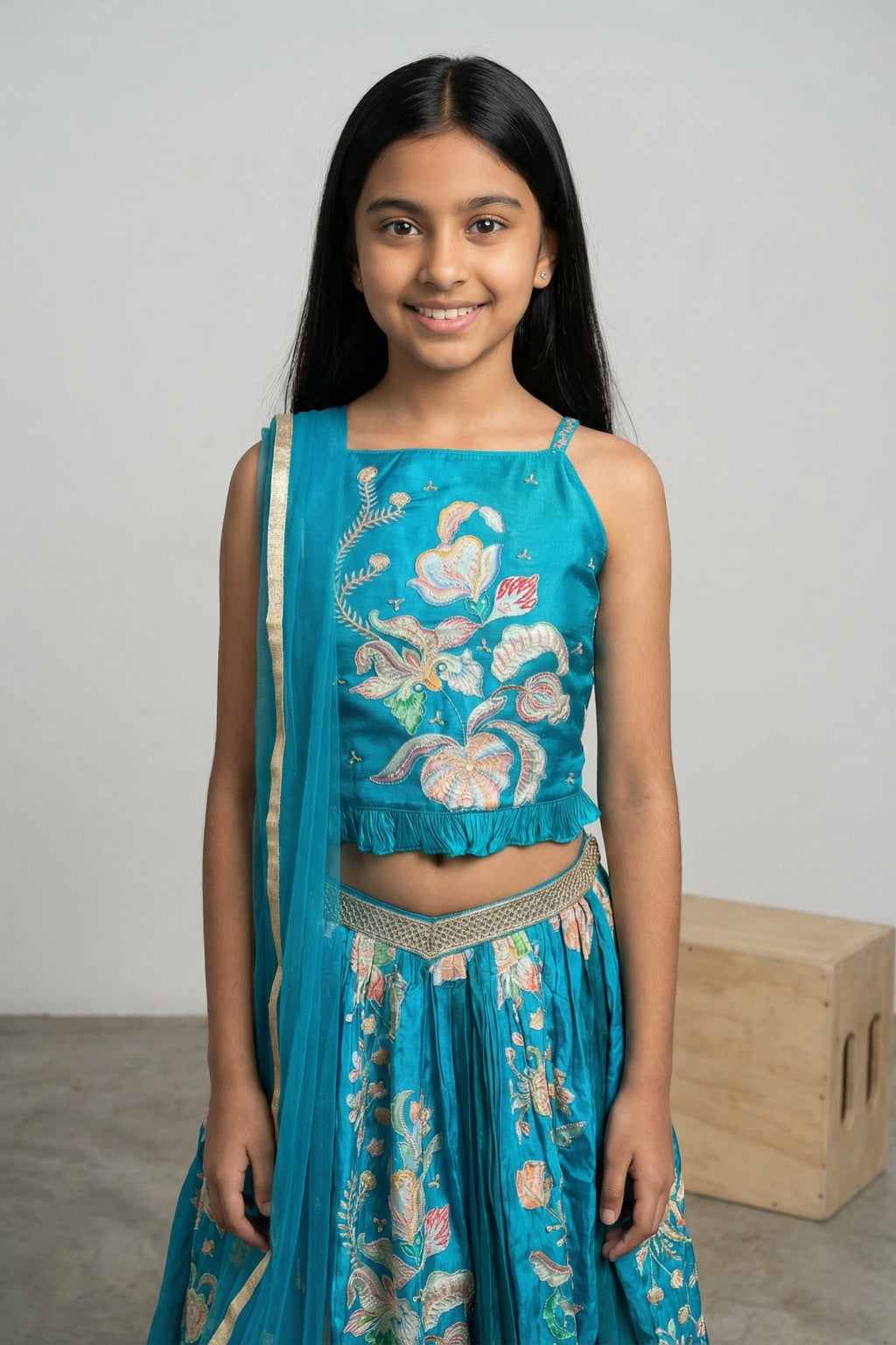 Teal Embroidered Kids Lehenga Set - Mokshaa