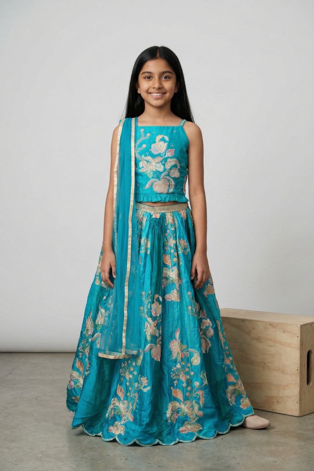 Teal Embroidered Kids Lehenga Set - Mokshaa