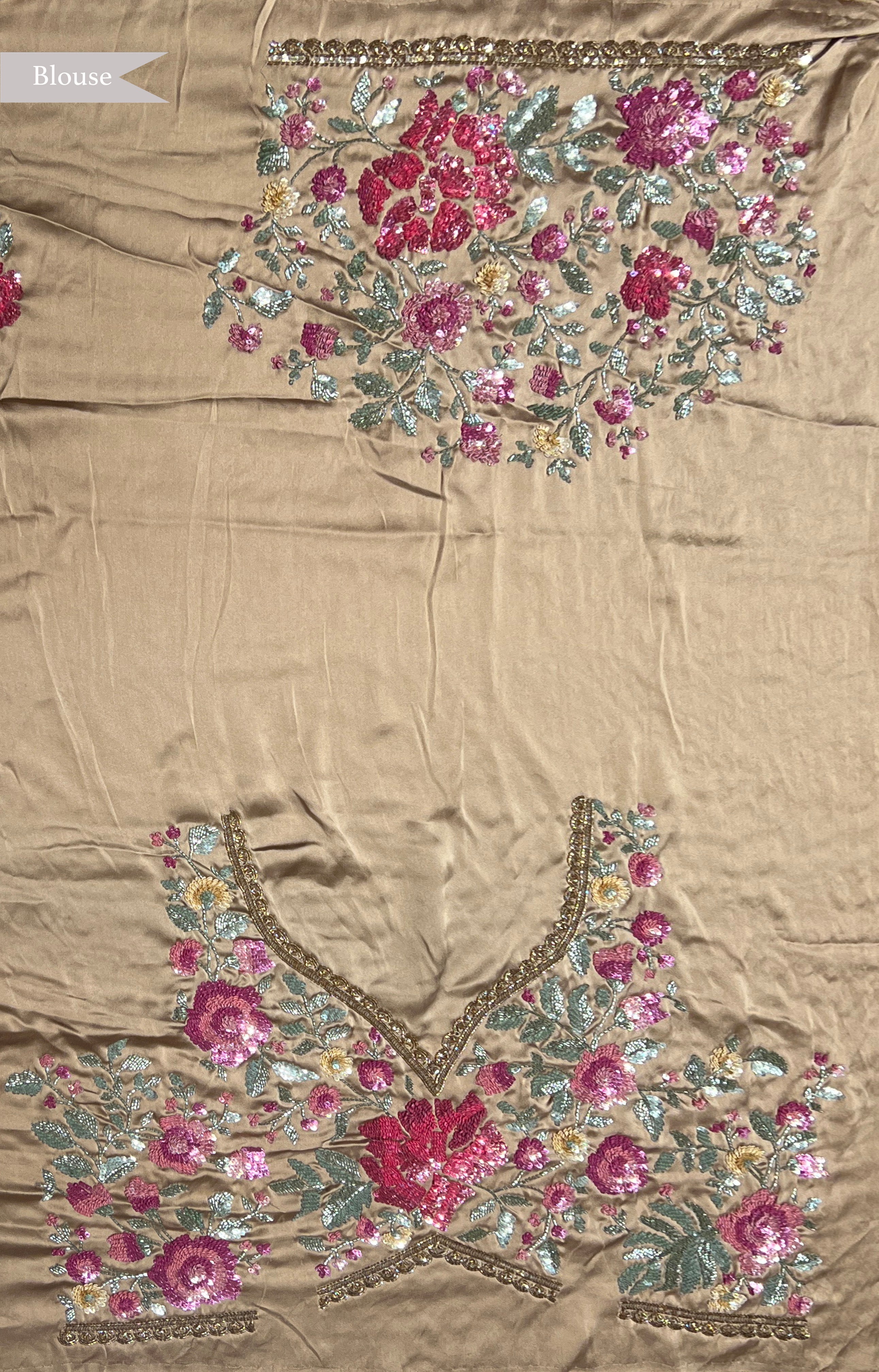 Gold Satin Floral Sequin Saree - Mokshaa