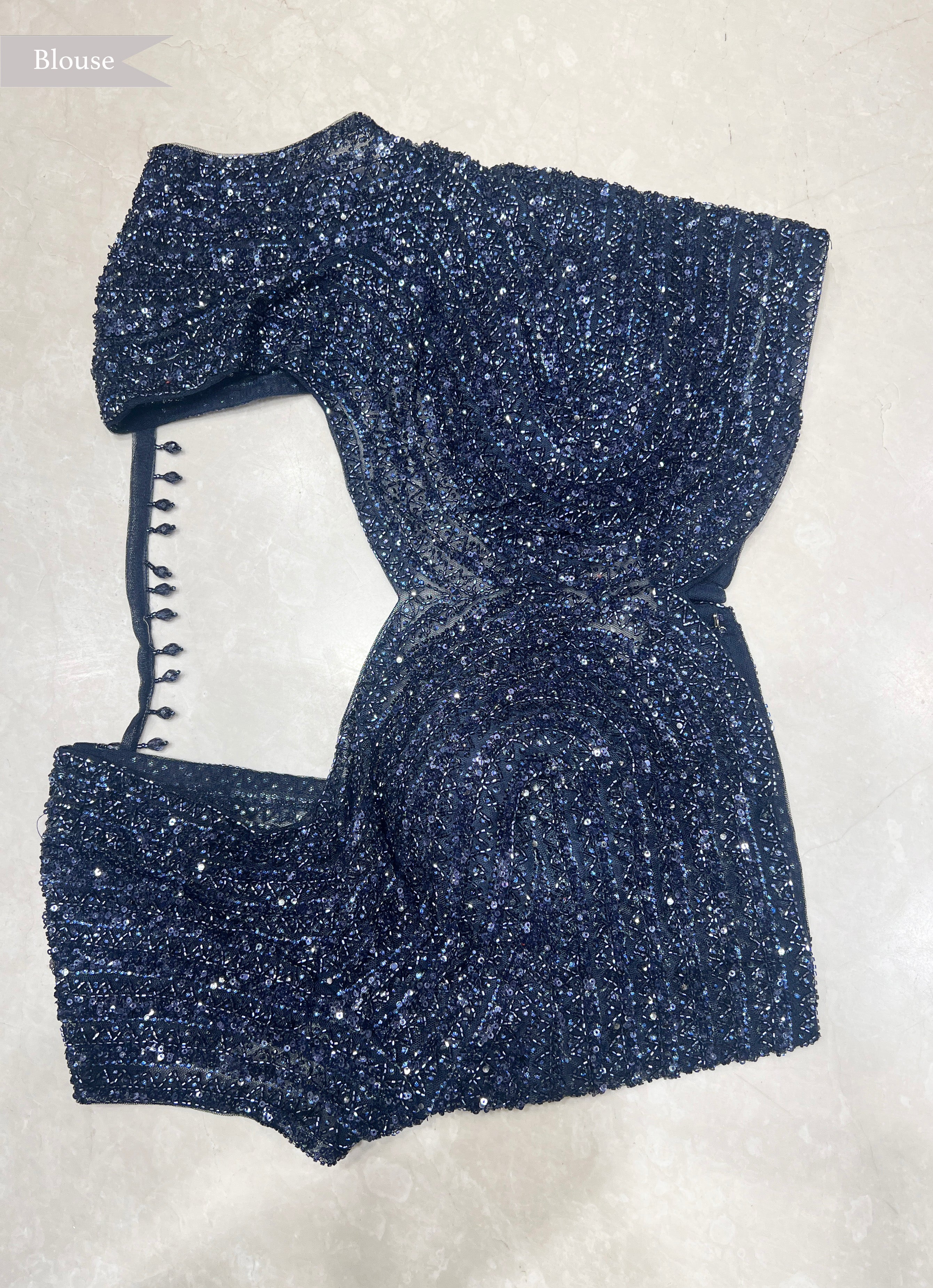Midnight Blue Net Saree with Gunmetal Sequin Work and Ready Blouse