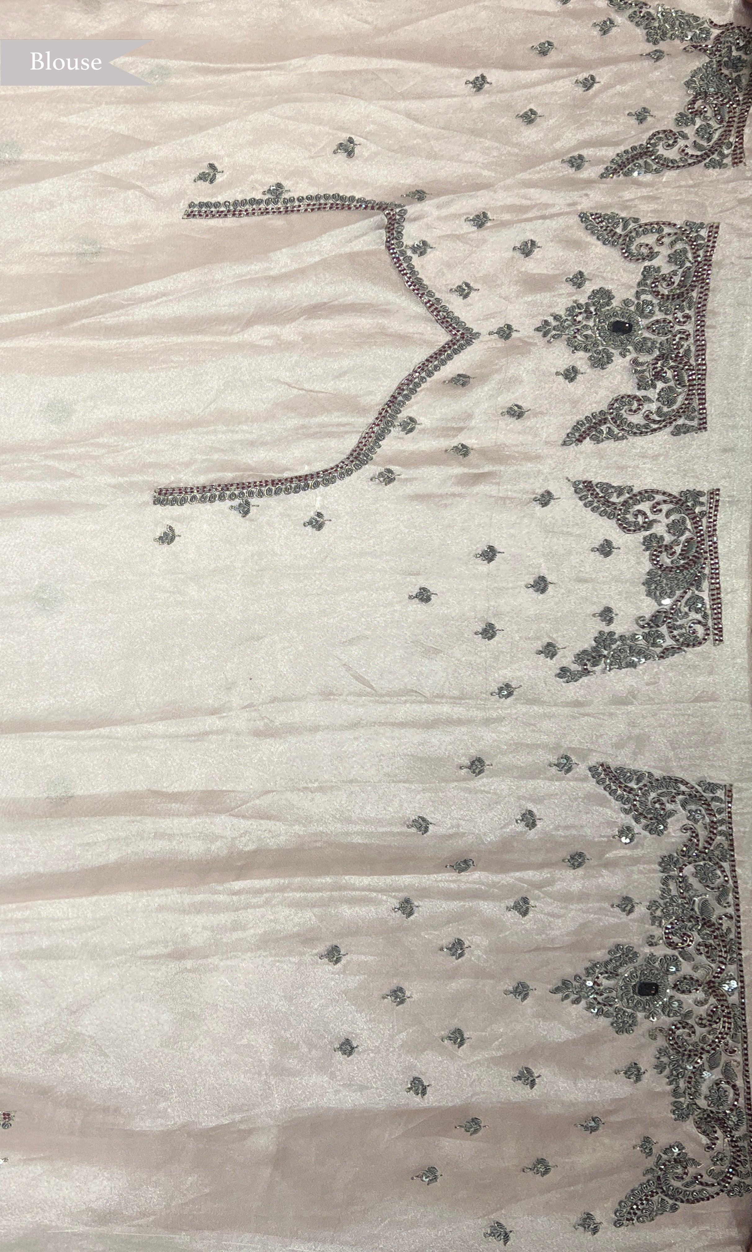 Peach Tissue Organza Saree with Antique Zardosi Work and Bead Highlights