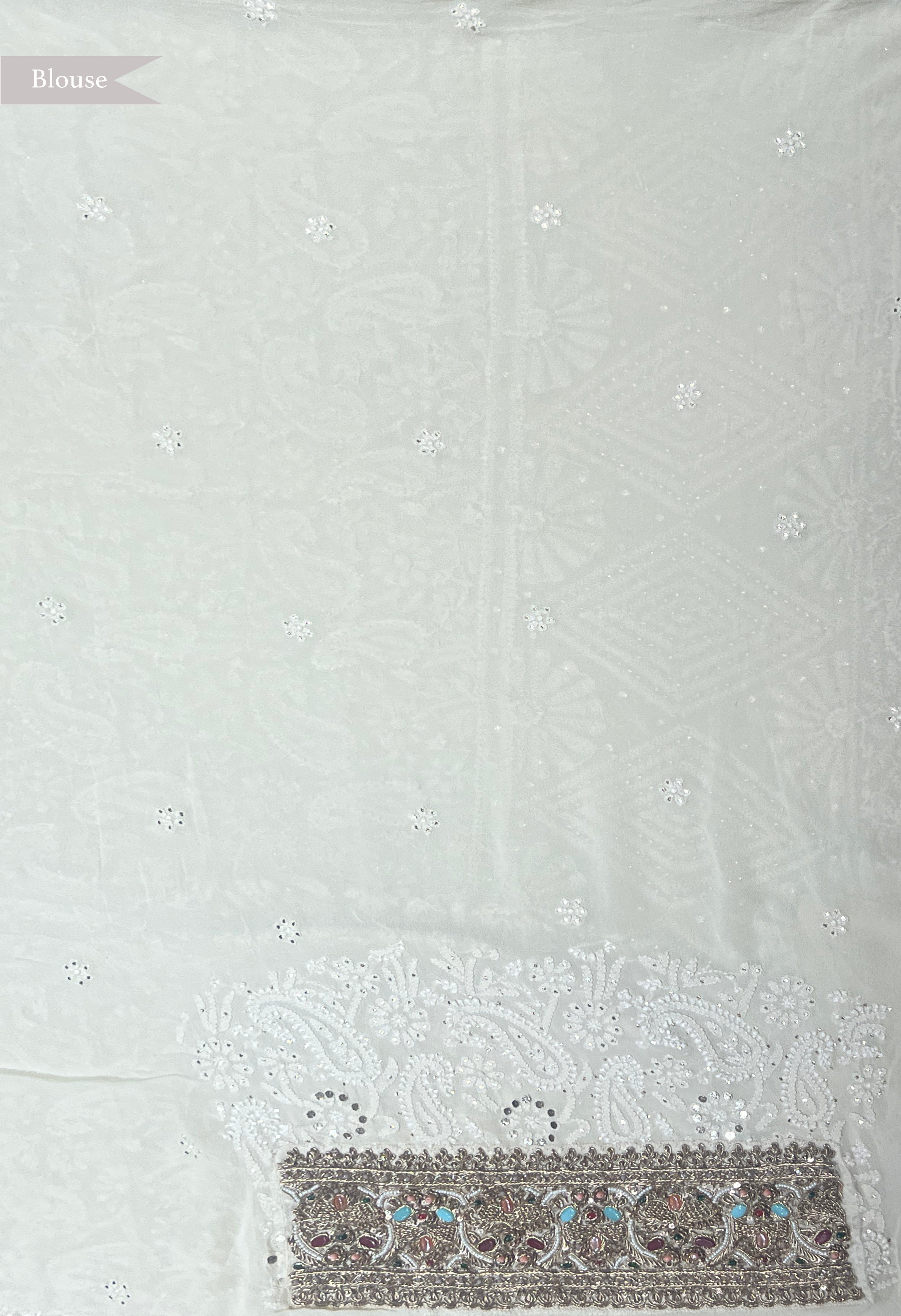 Cream Georgette Saree with Lucknowi Chikankari & Zardozi Border