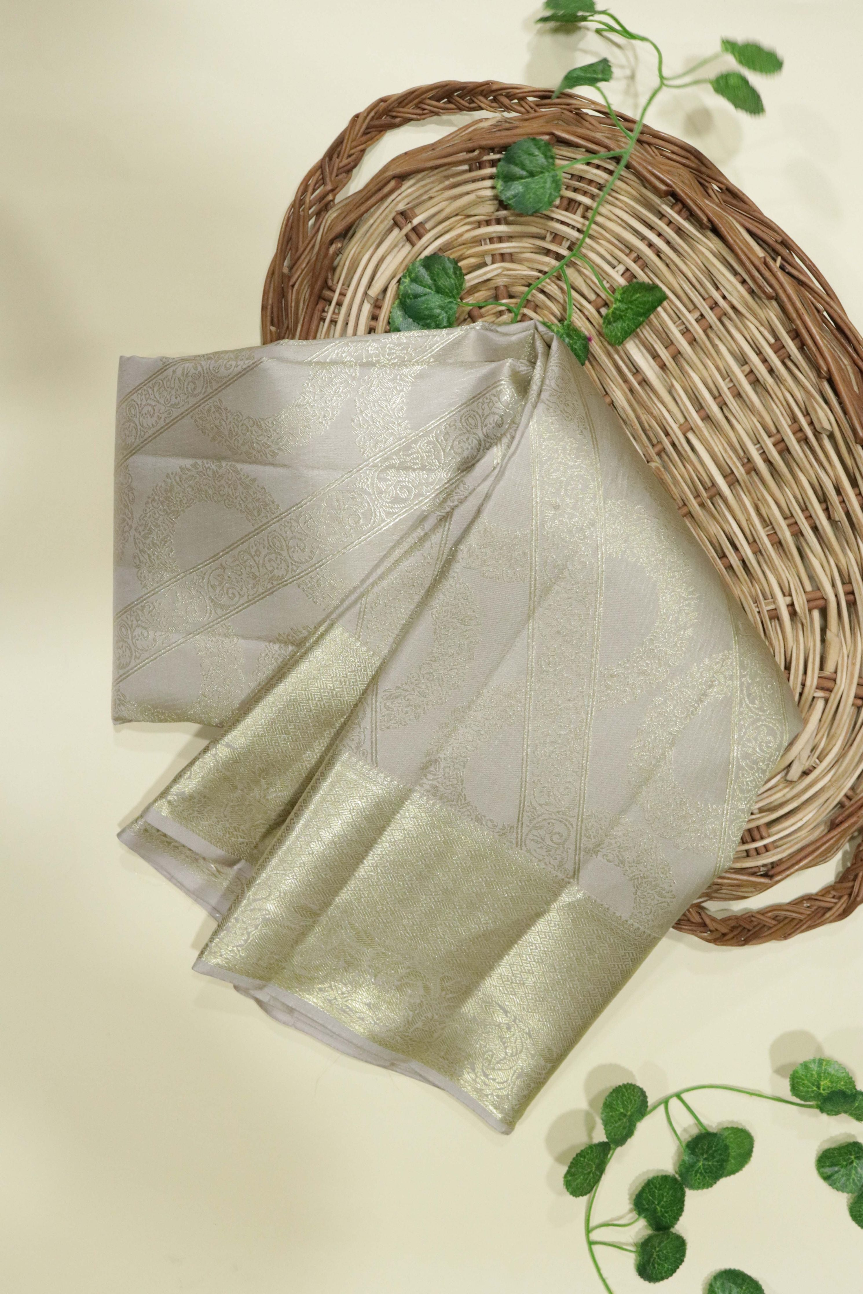 Light Grey Kanchipuram Silk Saree with Fancy Zari Weaving - Mokshaa