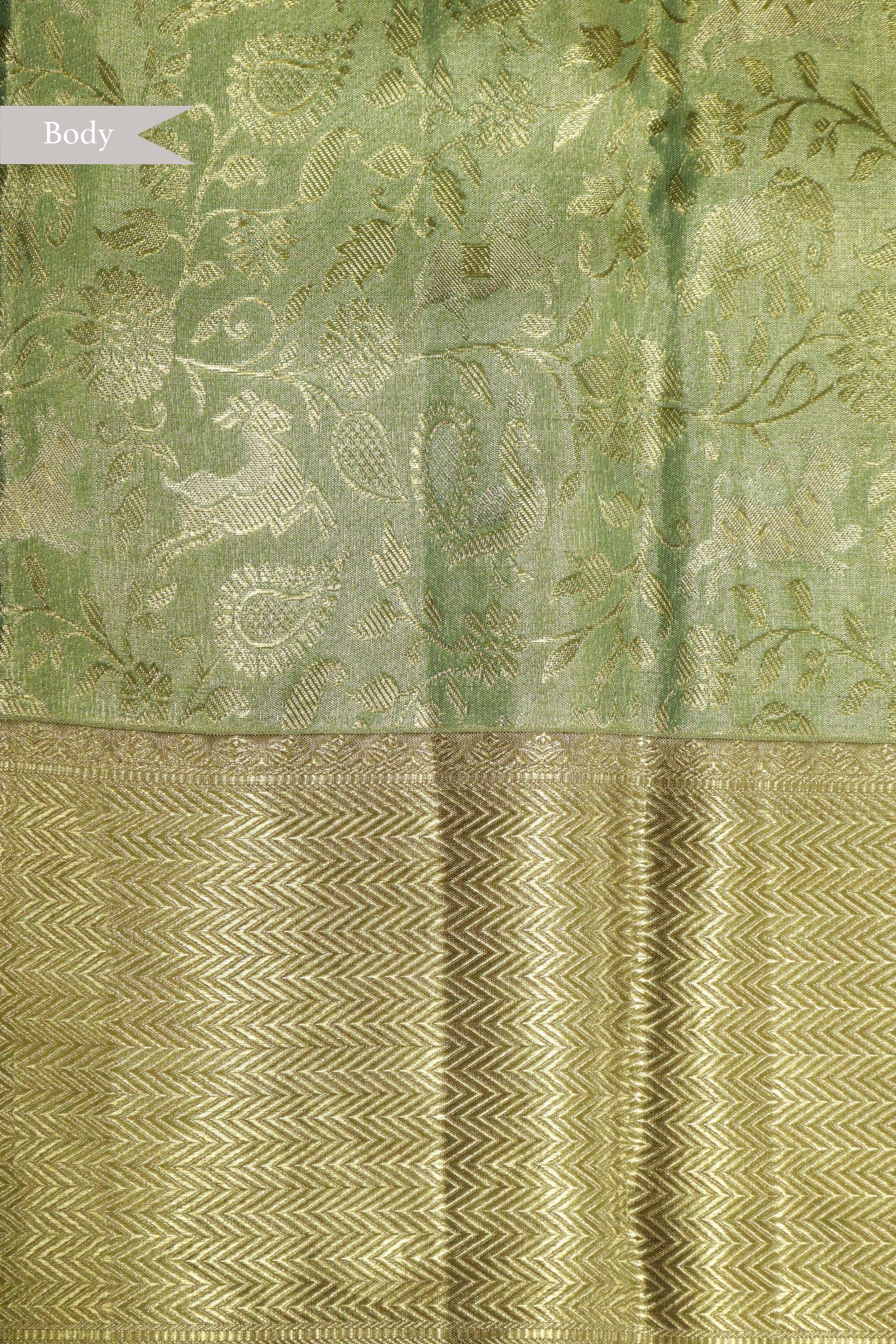 Green Kanchipuram Tissue Silk Saree with Gold Zari Border - Mokshaa