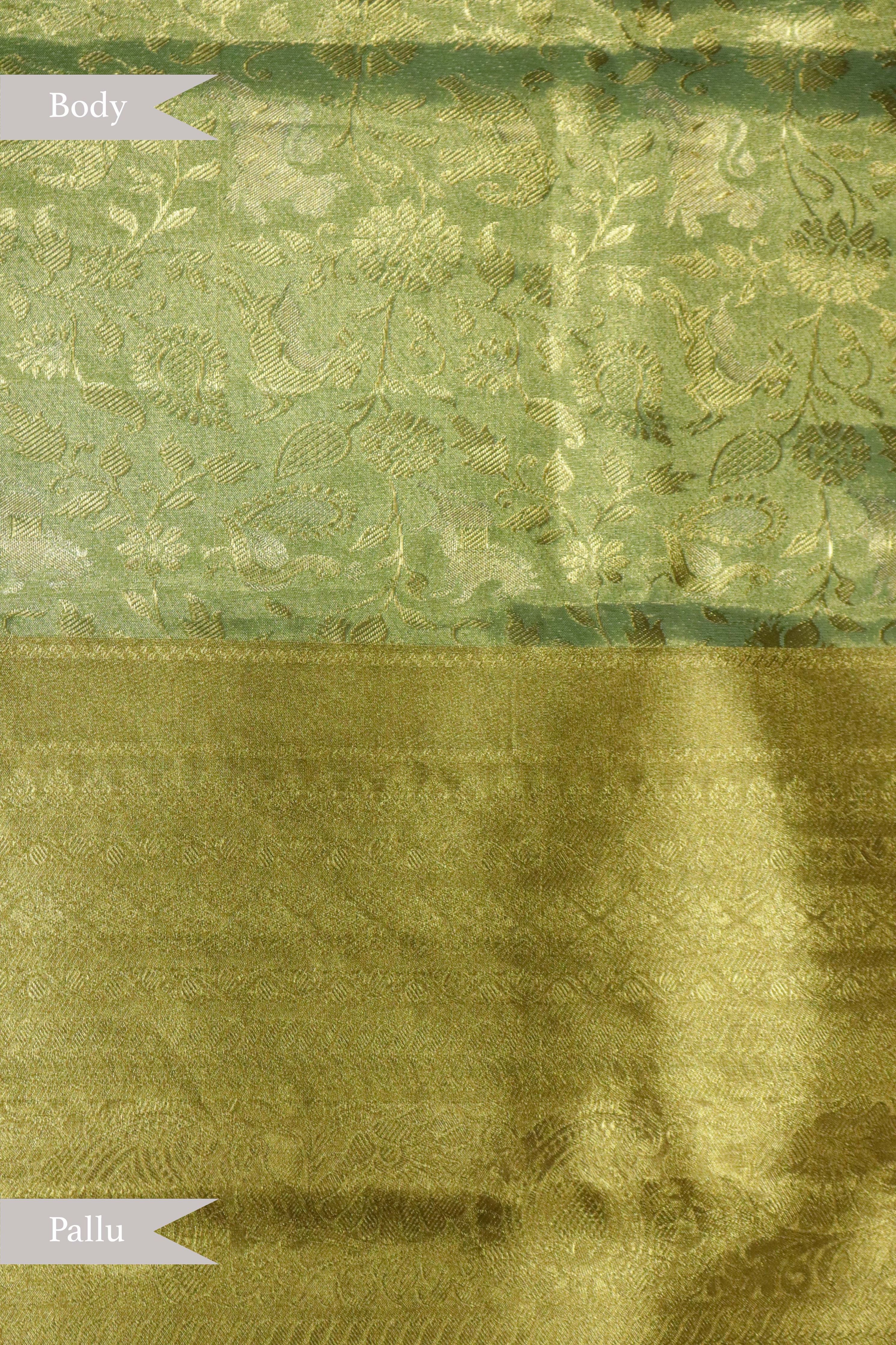 Green Kanchipuram Tissue Silk Saree with Gold Zari Border - Mokshaa