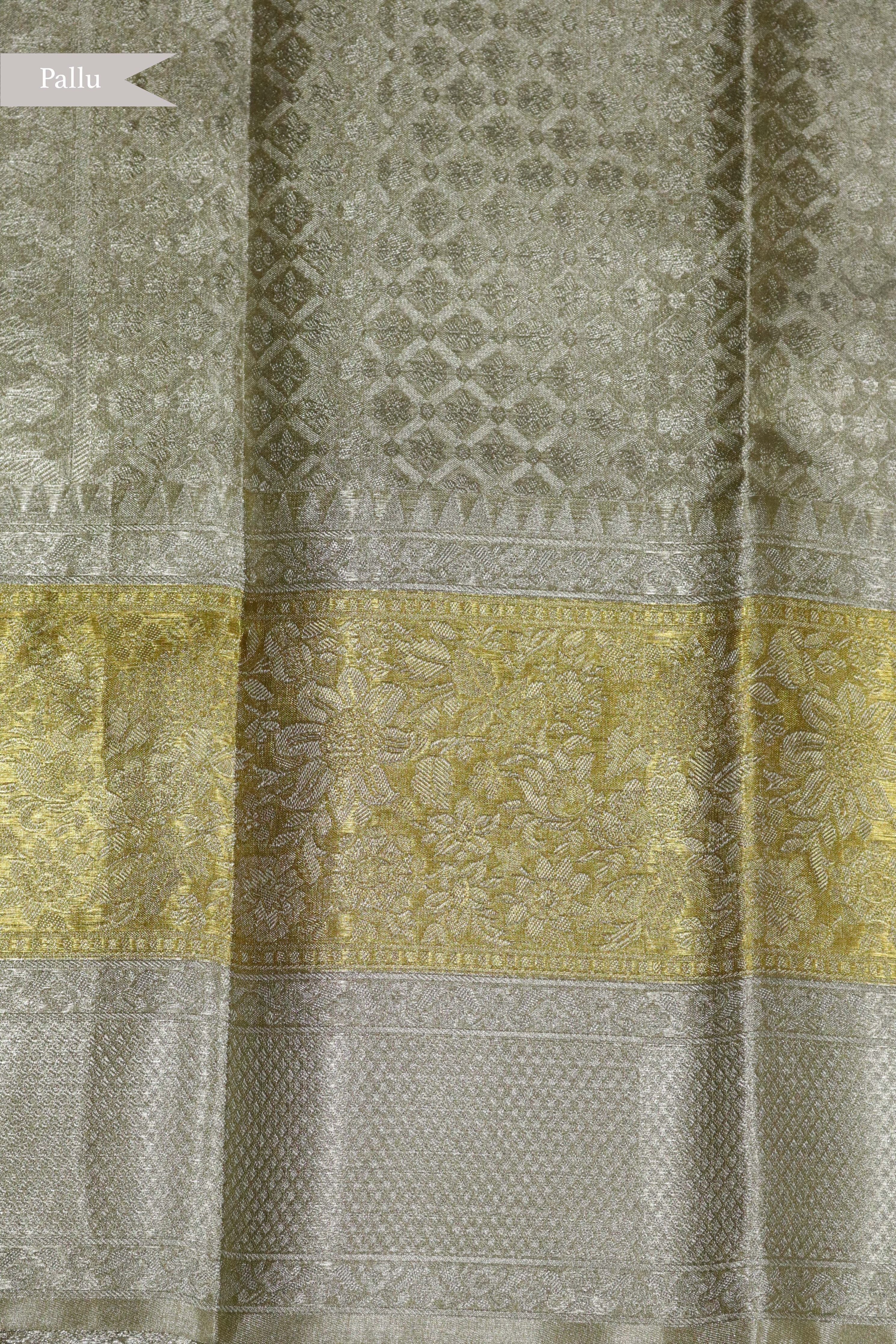 Silver Kanchipuram Tissue Silk Saree with Gold Border - Mokshaa