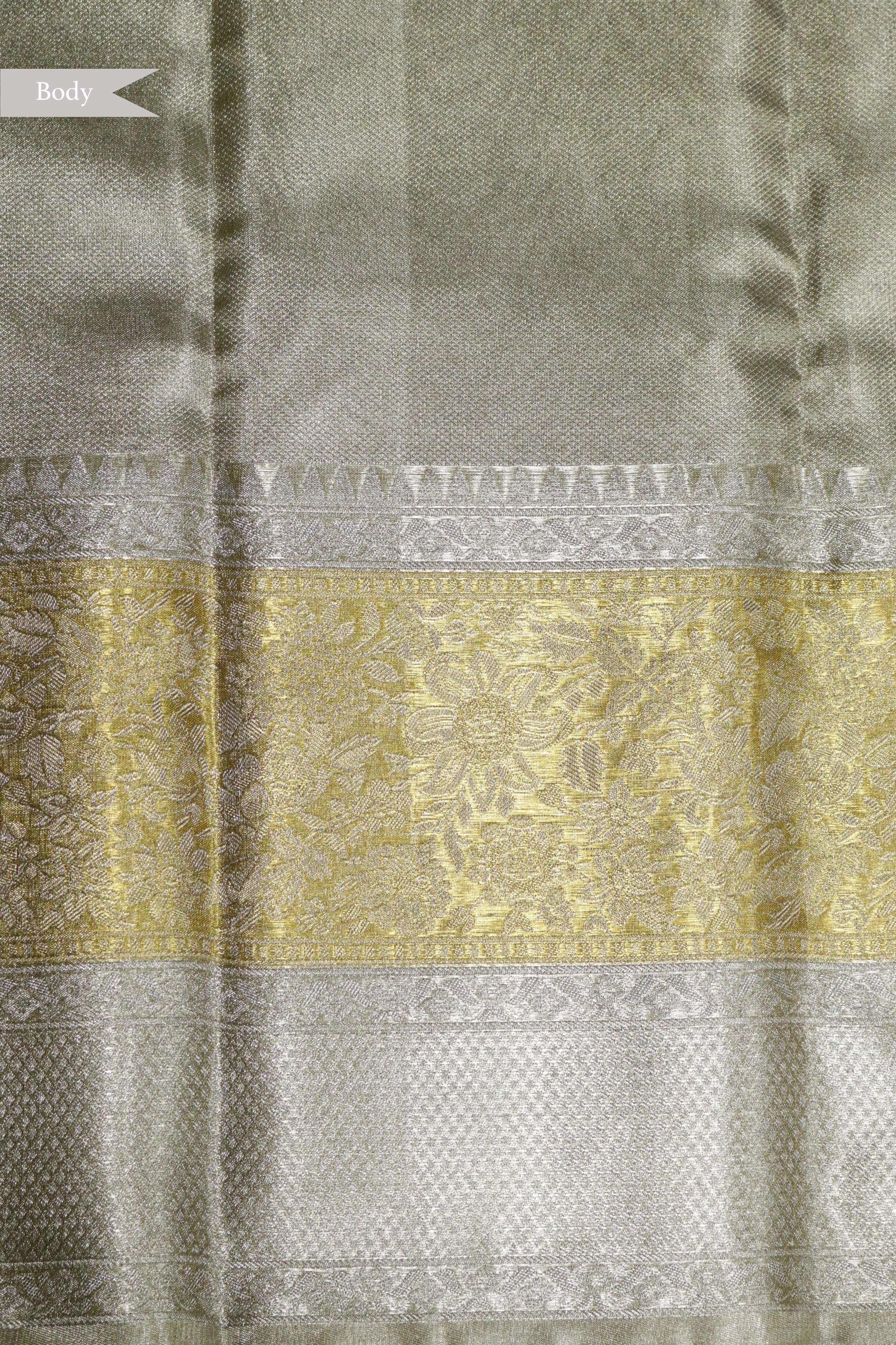 Silver Kanchipuram Tissue Silk Saree with Gold Border - Mokshaa