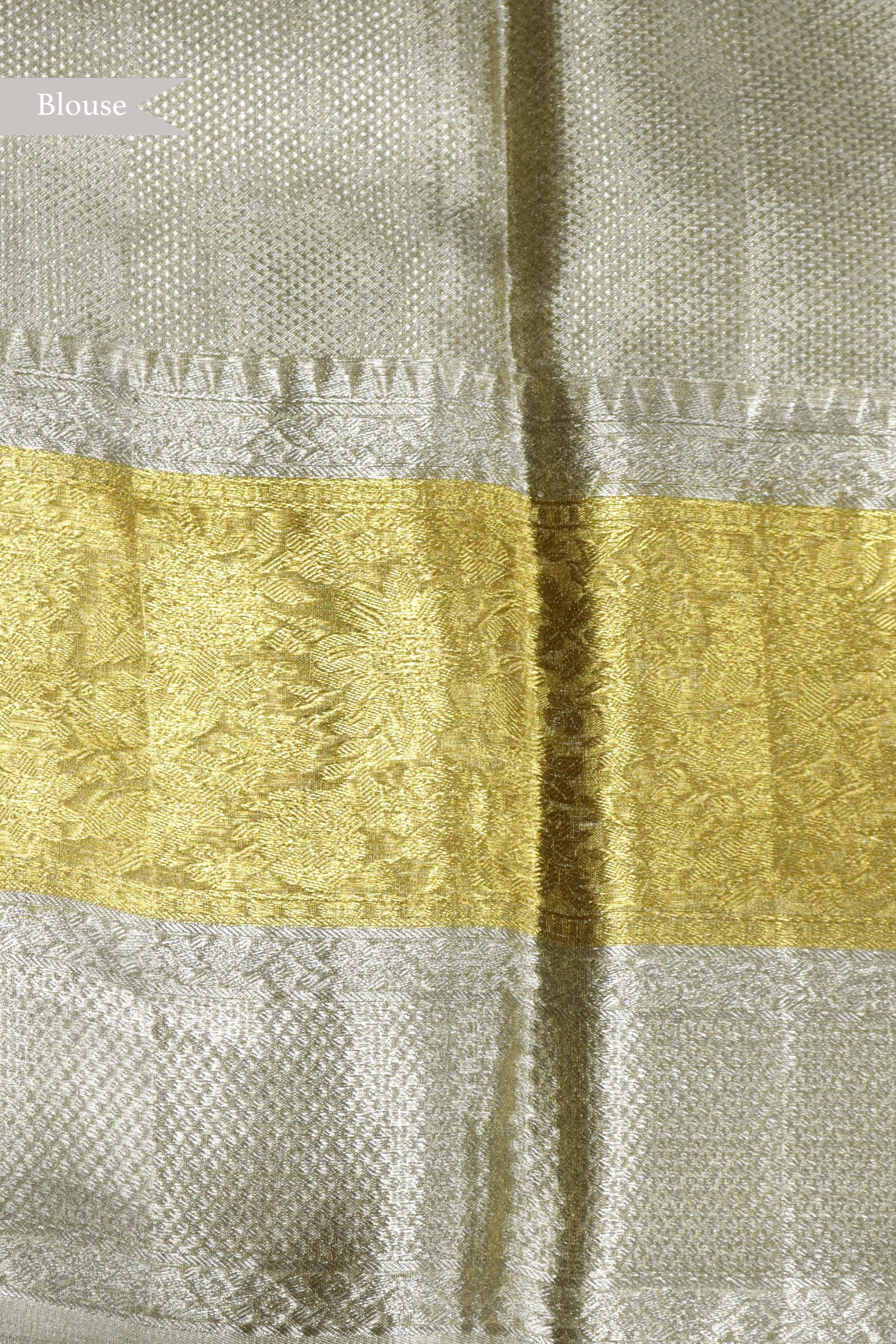 Silver Kanchipuram Tissue Silk Saree with Gold Border - Mokshaa