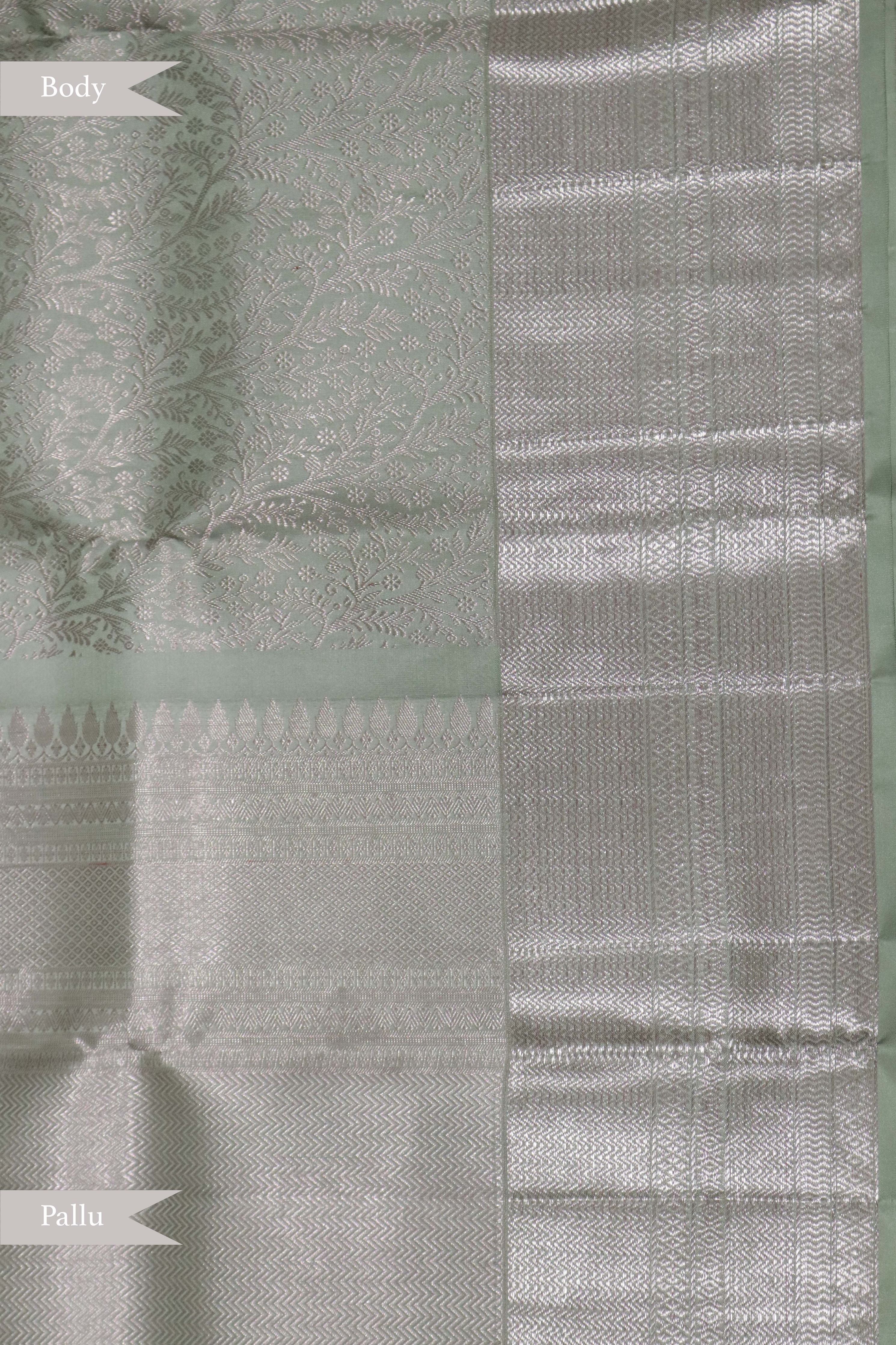 Pastel Green Kanchipuram Silk Saree with Rose Gold Zari - Mokshaa