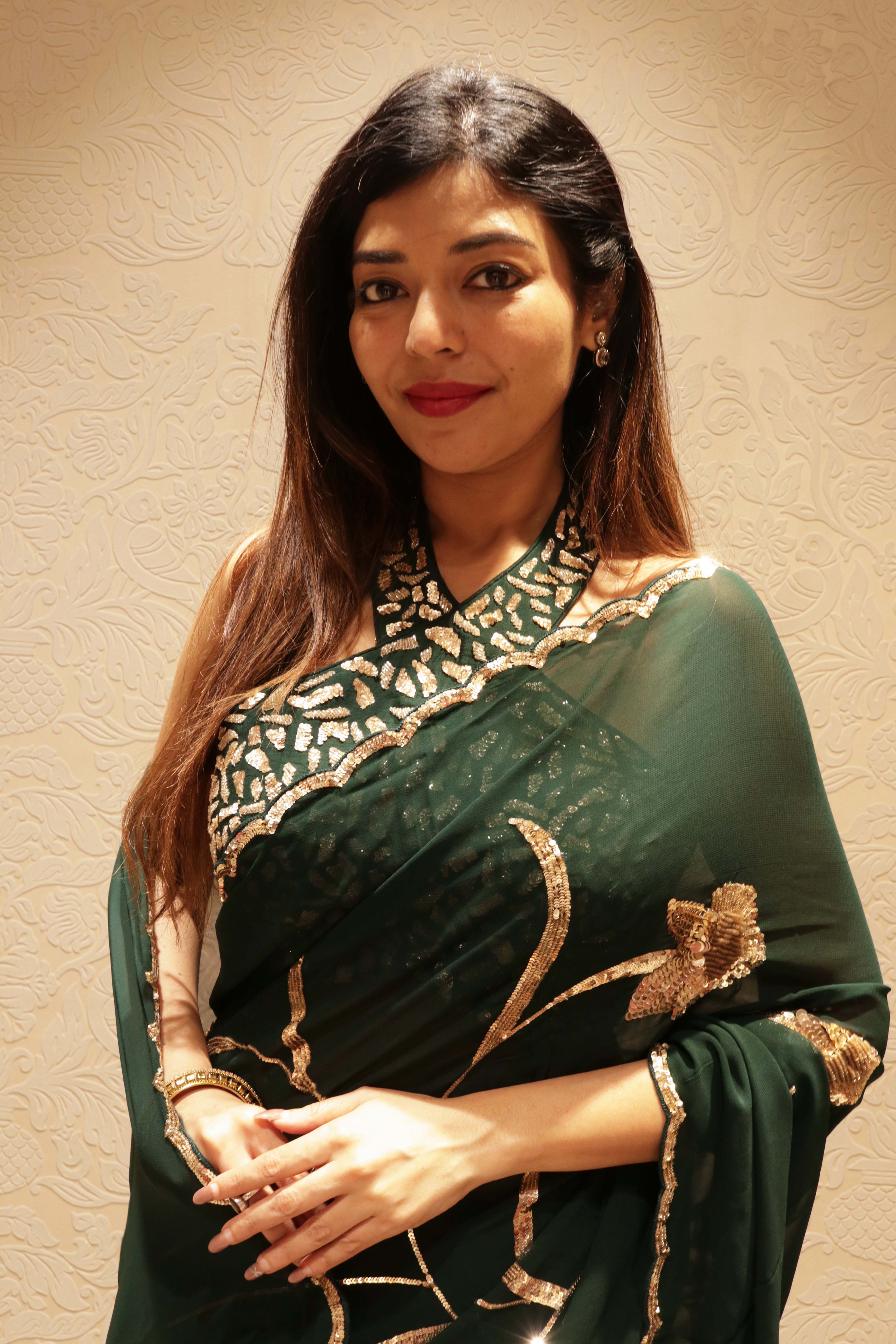 Bottle Green Georgette Sequin Saree - Mokshaa