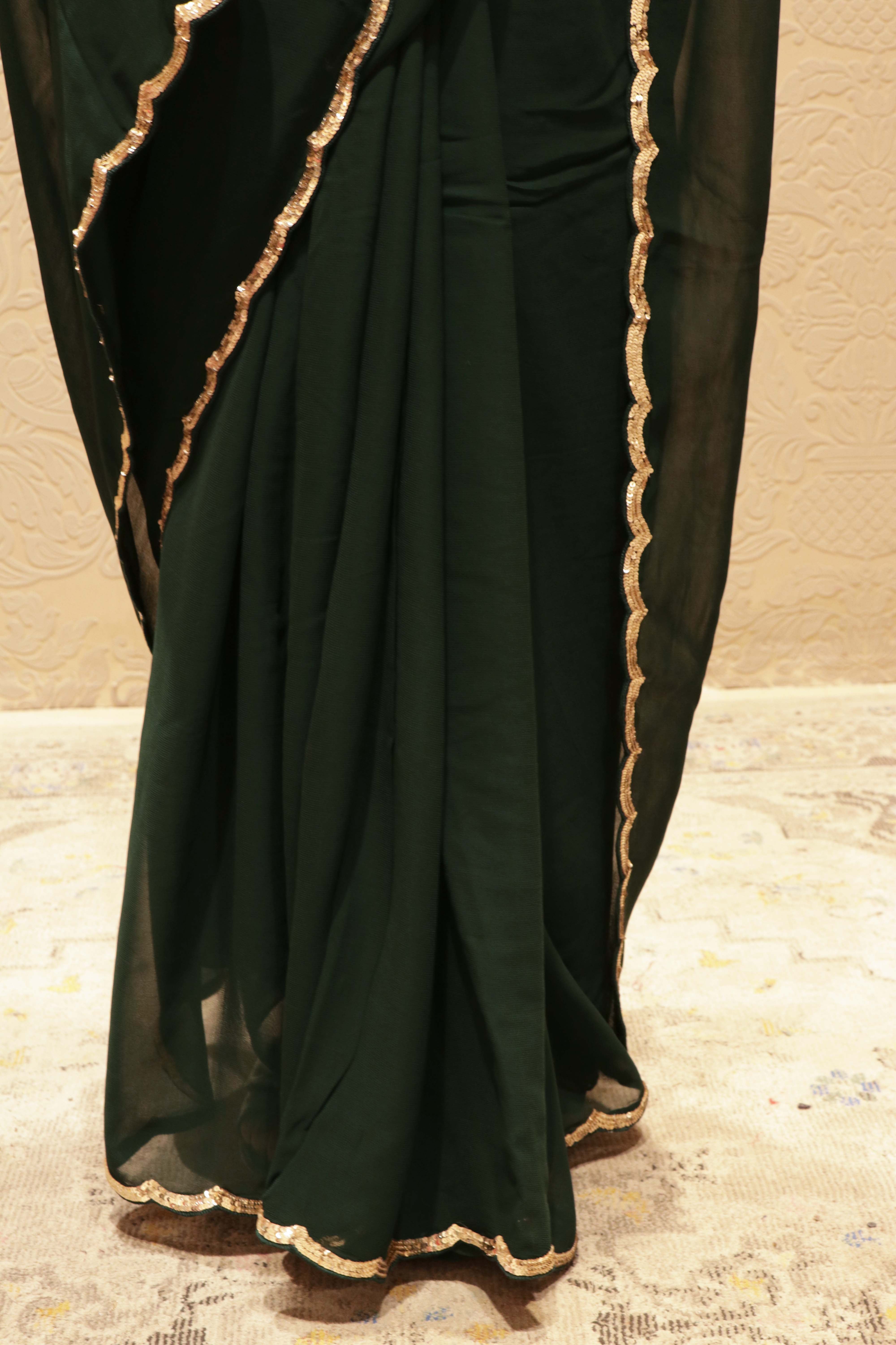 Bottle Green Georgette Sequin Saree - Mokshaa