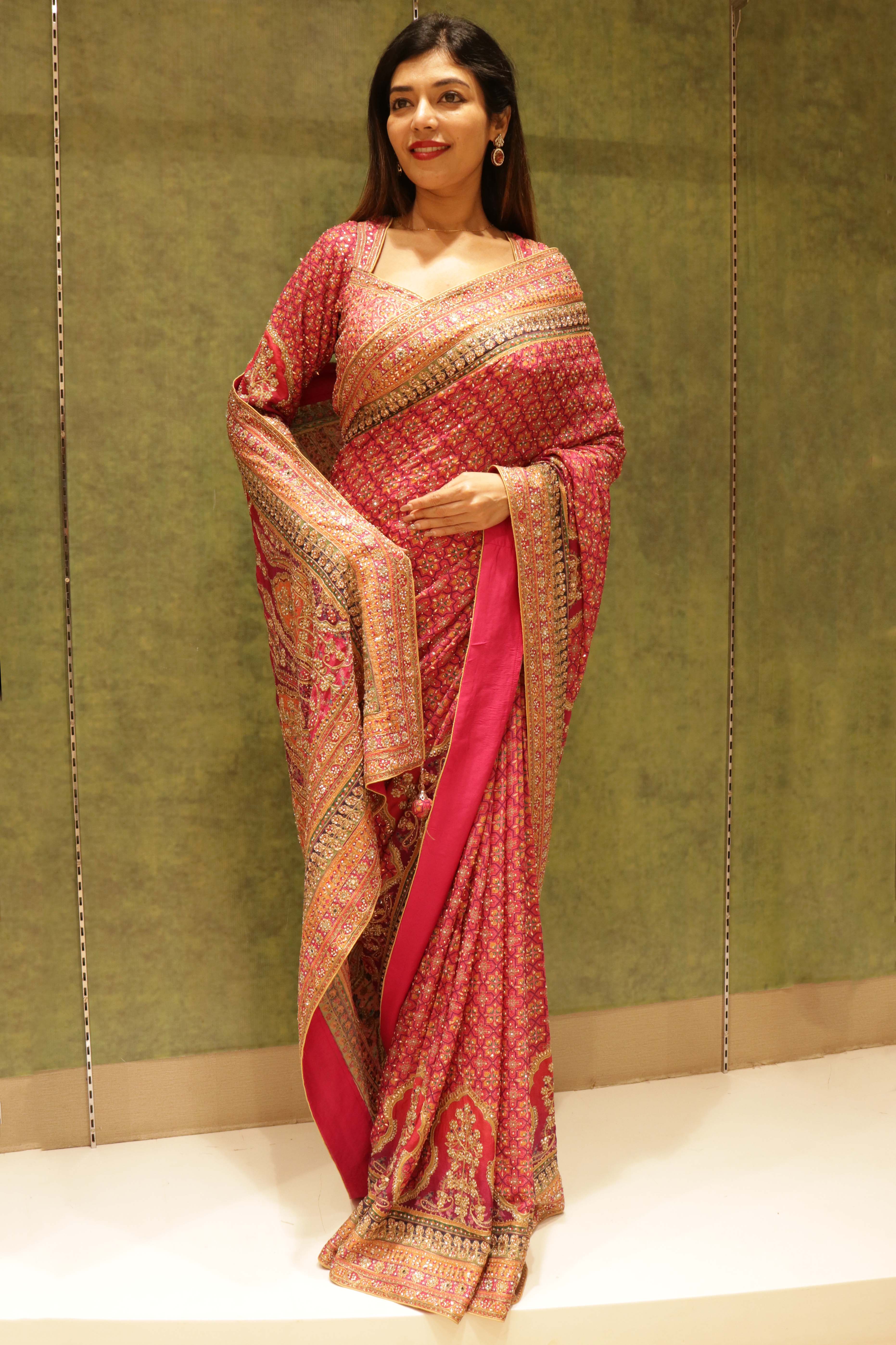 Pink Georgette Printed Saree with Sequins & Pearl Embellishment - Mokshaa