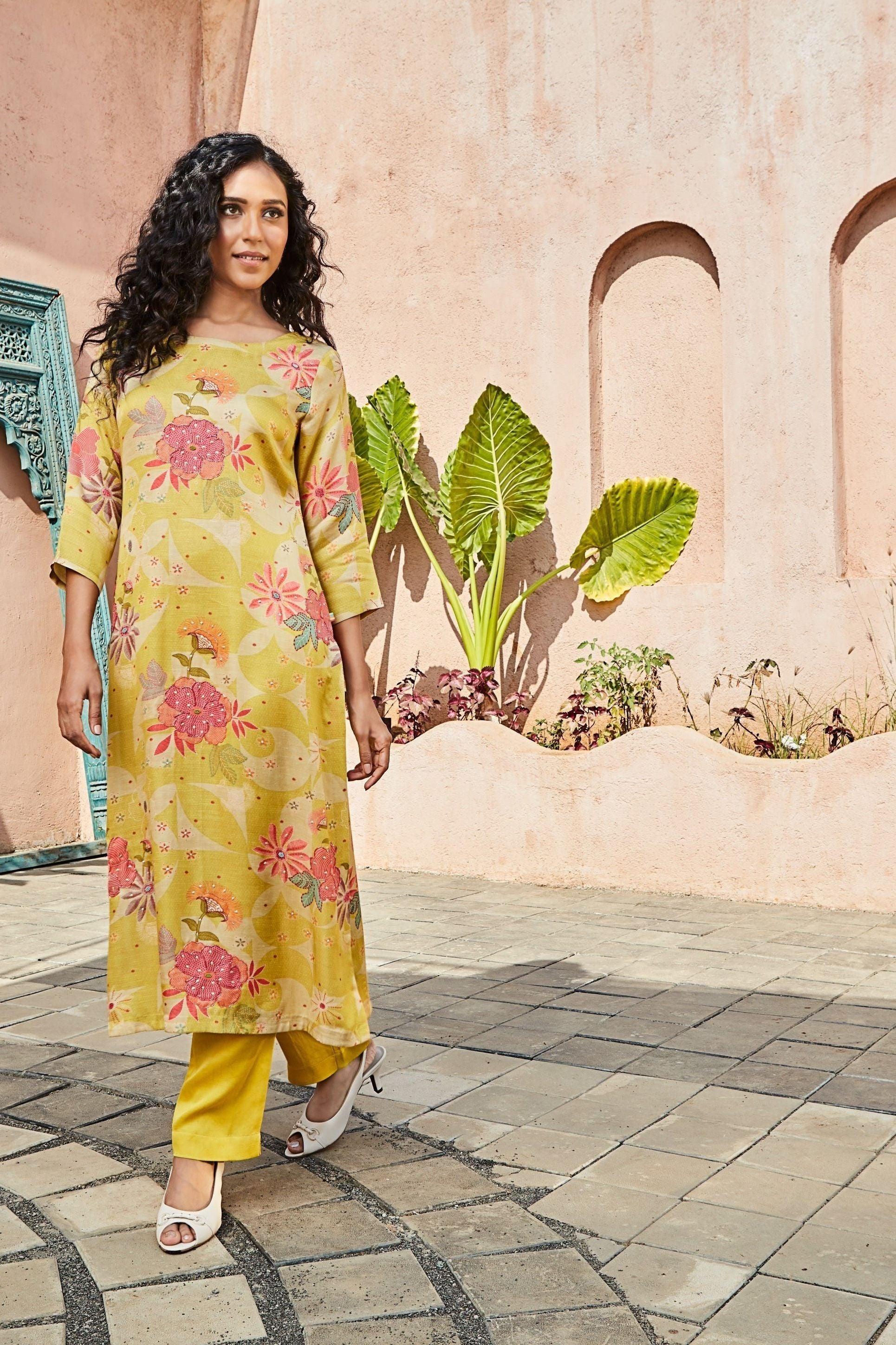 Lime Yellow Linen Printed Kurta Set with Floral Motifs - Mokshaa