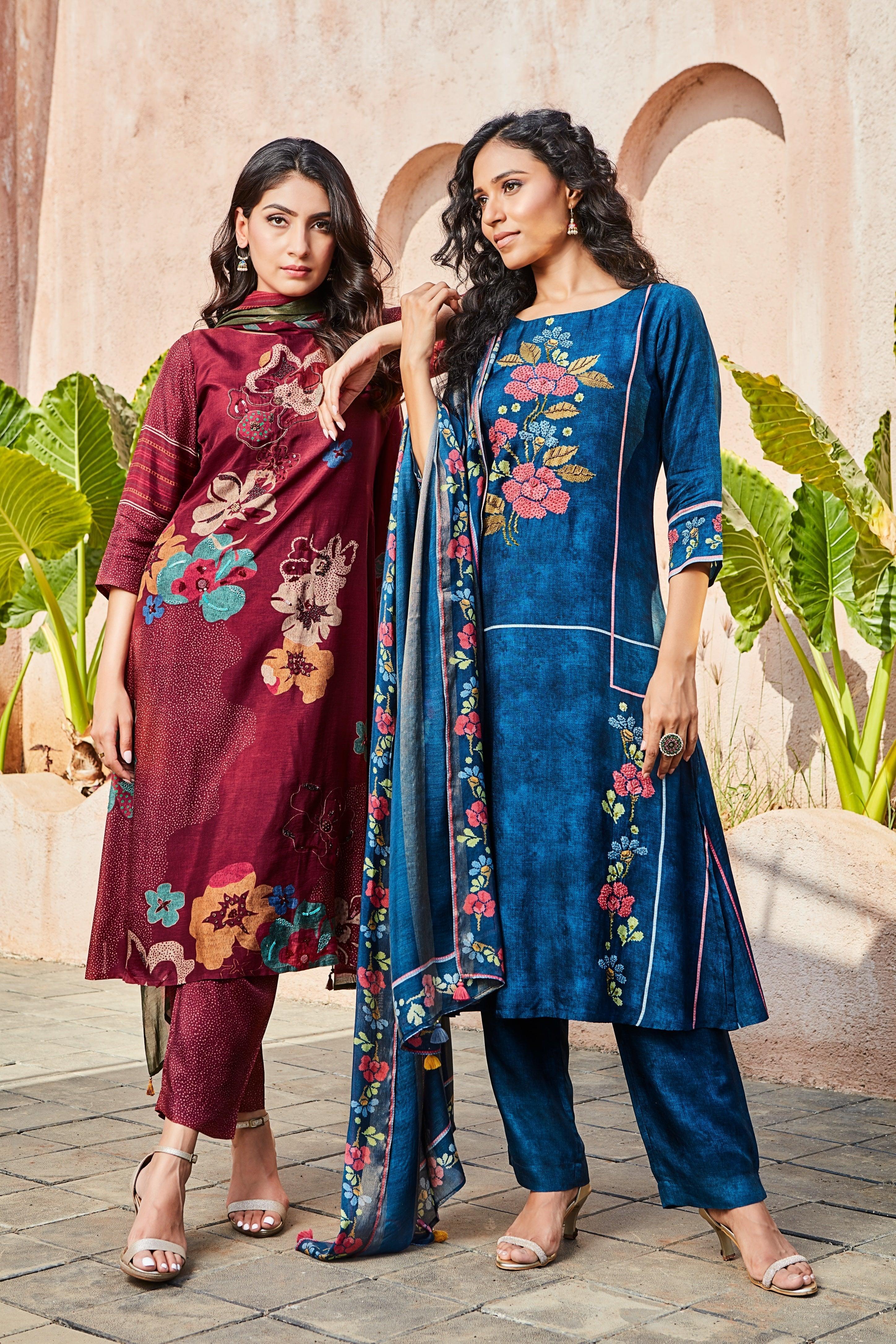 Maroon Printed Satin Kurta Set - Mokshaa
