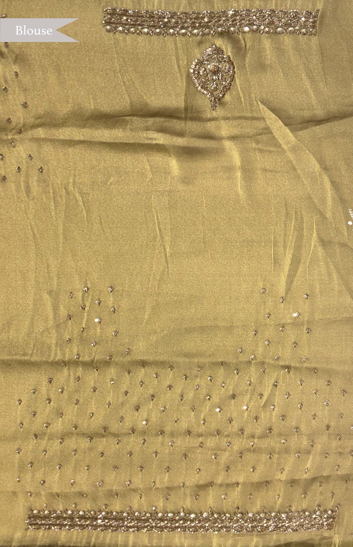 Olive Green Organza Saree with Gold Embellishments - Mokshaa