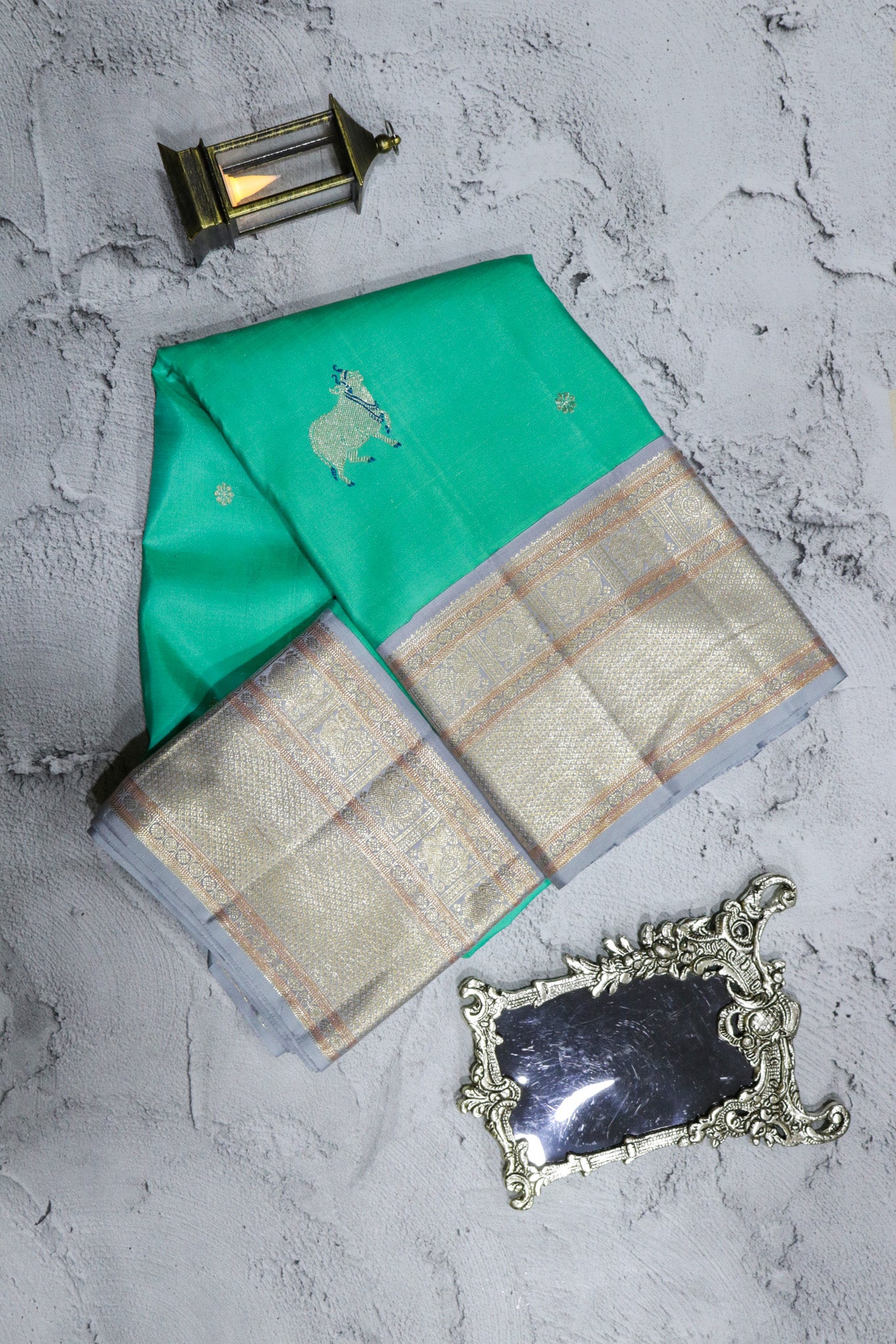 Teal Blue Kanchivaram Silk Contrast Beige Zari Border