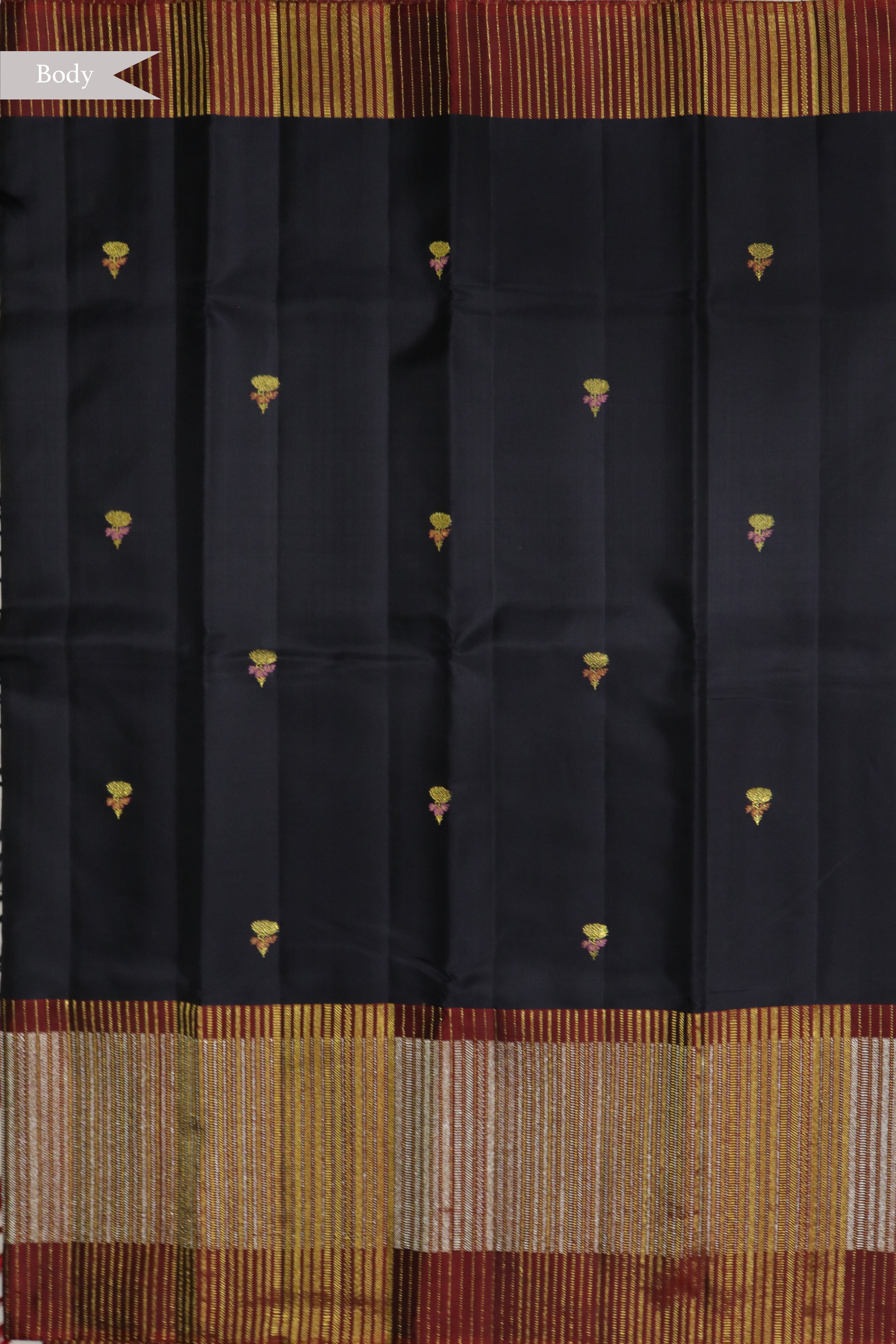 Black Kanchivaram Silk Saree with Fancy Motifs and Contrast Zari Border