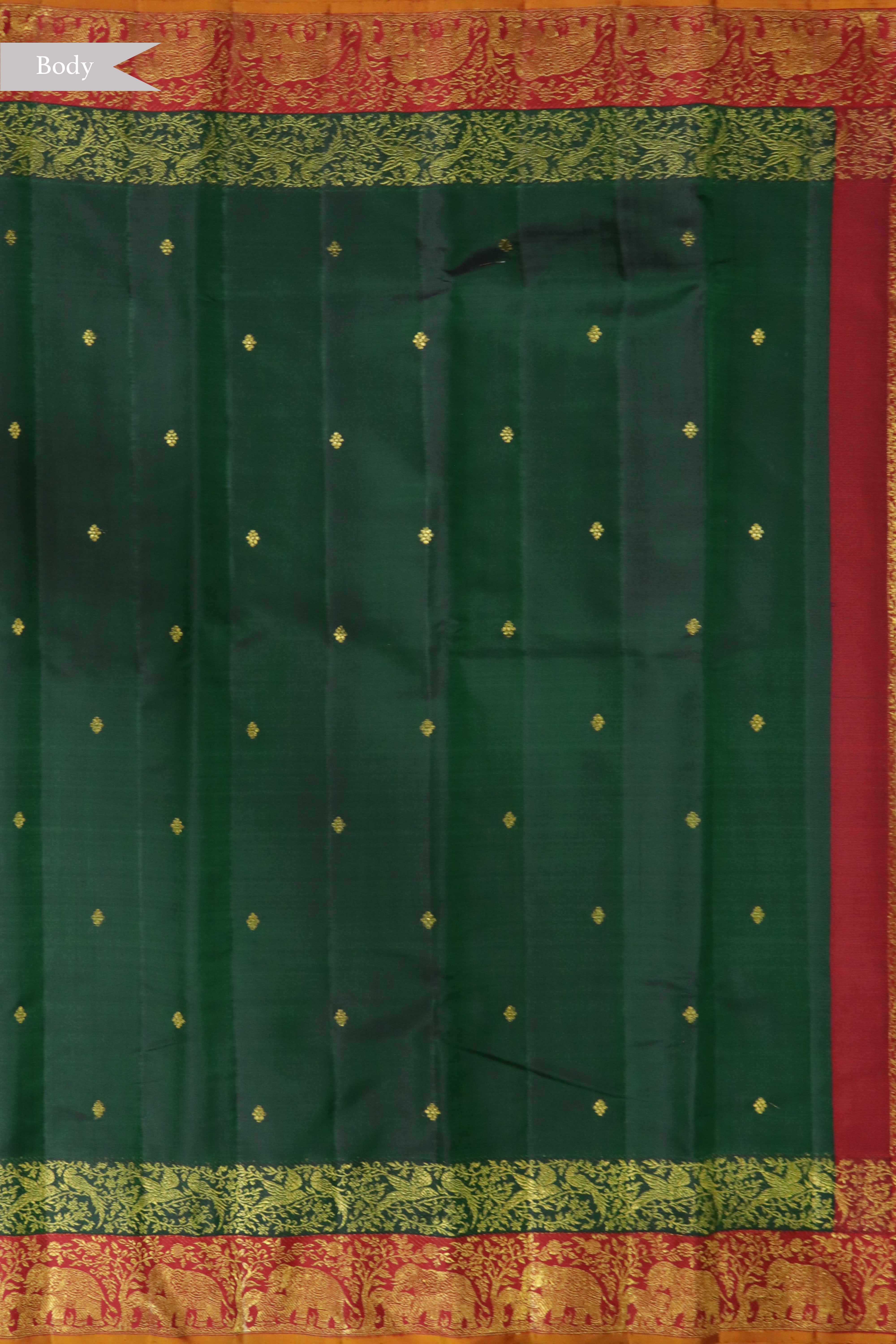 Bottle Green Kanchivaram Silk Saree with Gold Motifs and Elephant Contrast Border
