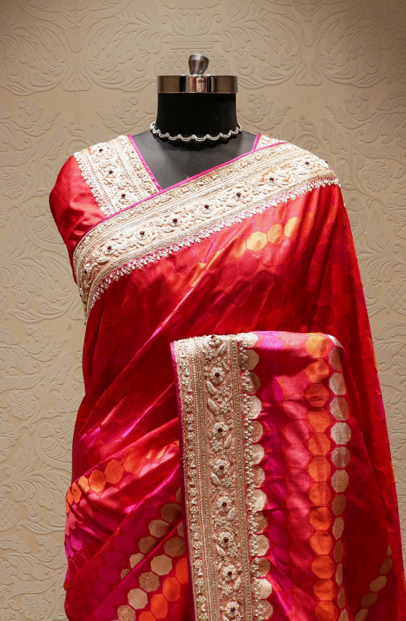 Pink Orange Banarasi Silk Saree