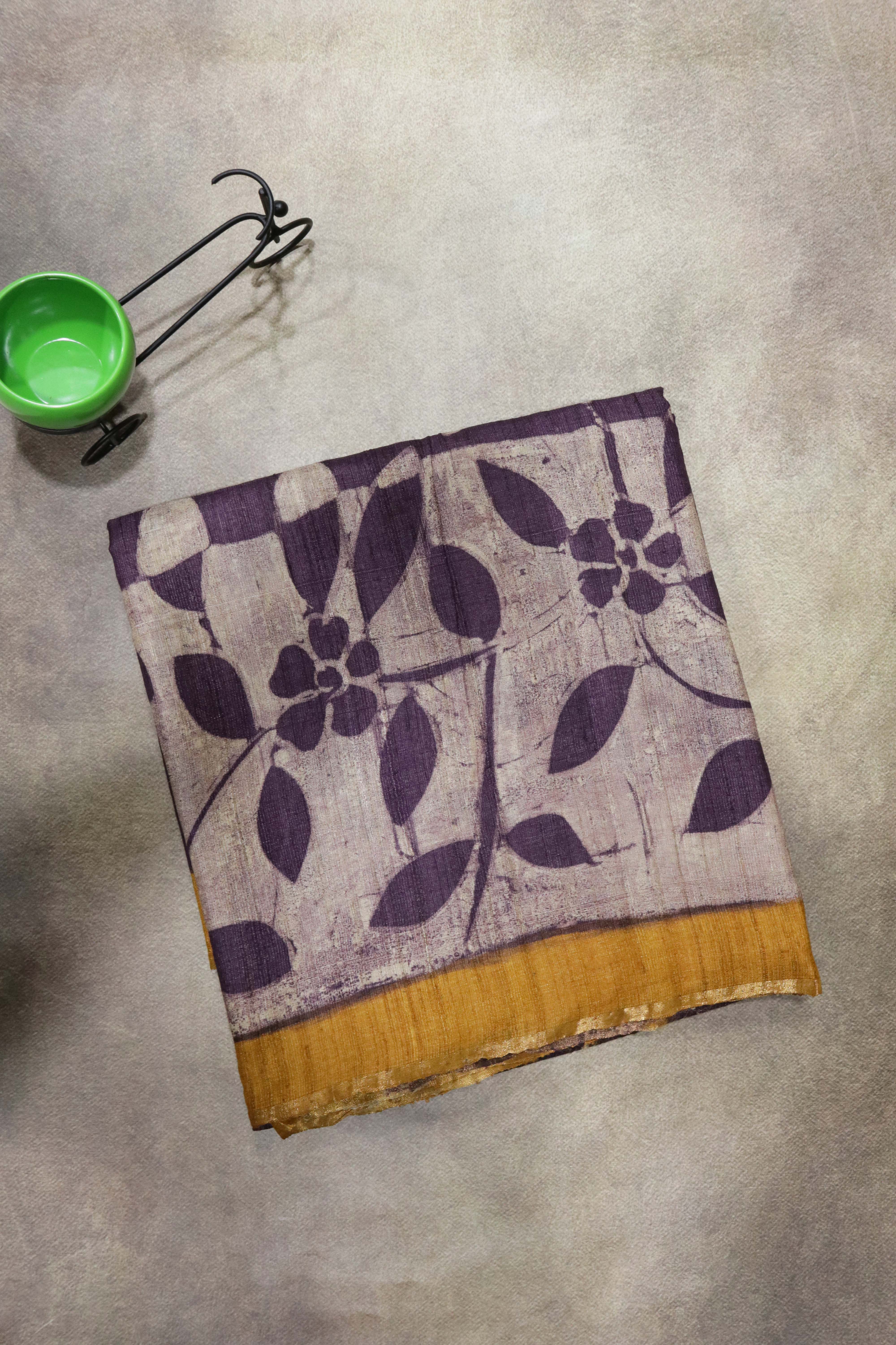 Dark Violet Floral Tussar Silk Saree