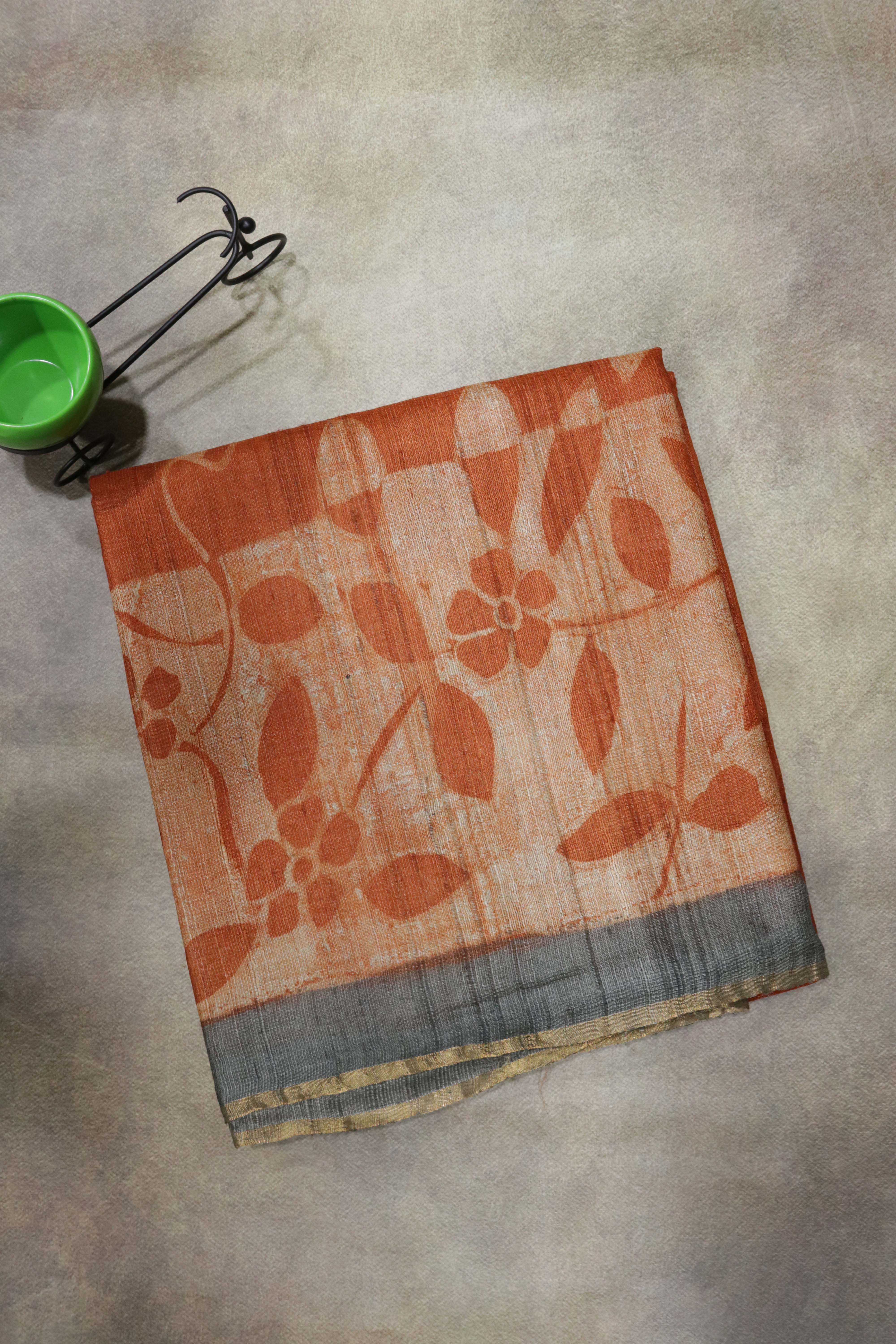 Rust Floral Tussar Silk Saree