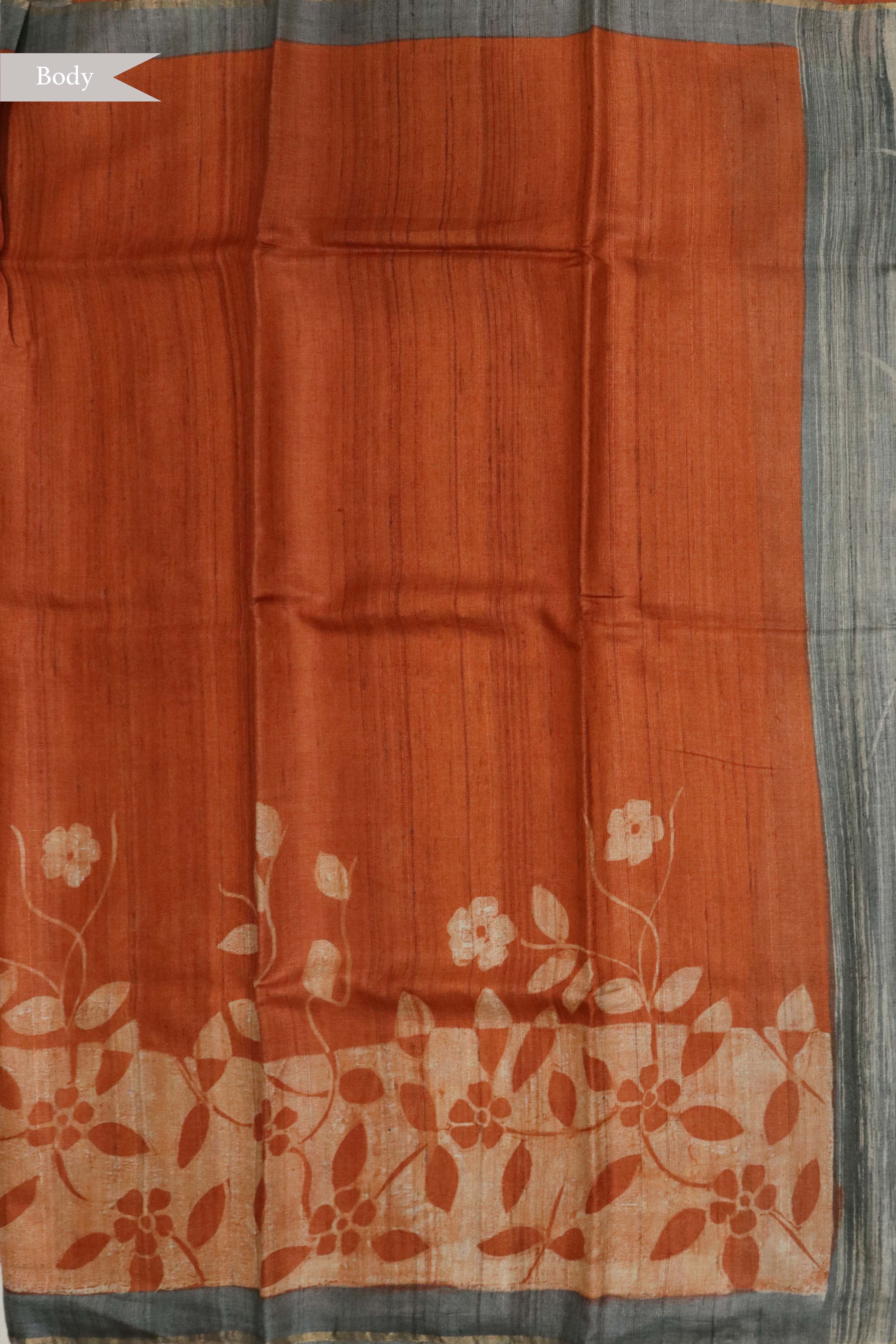Rust Floral Tussar Silk Saree