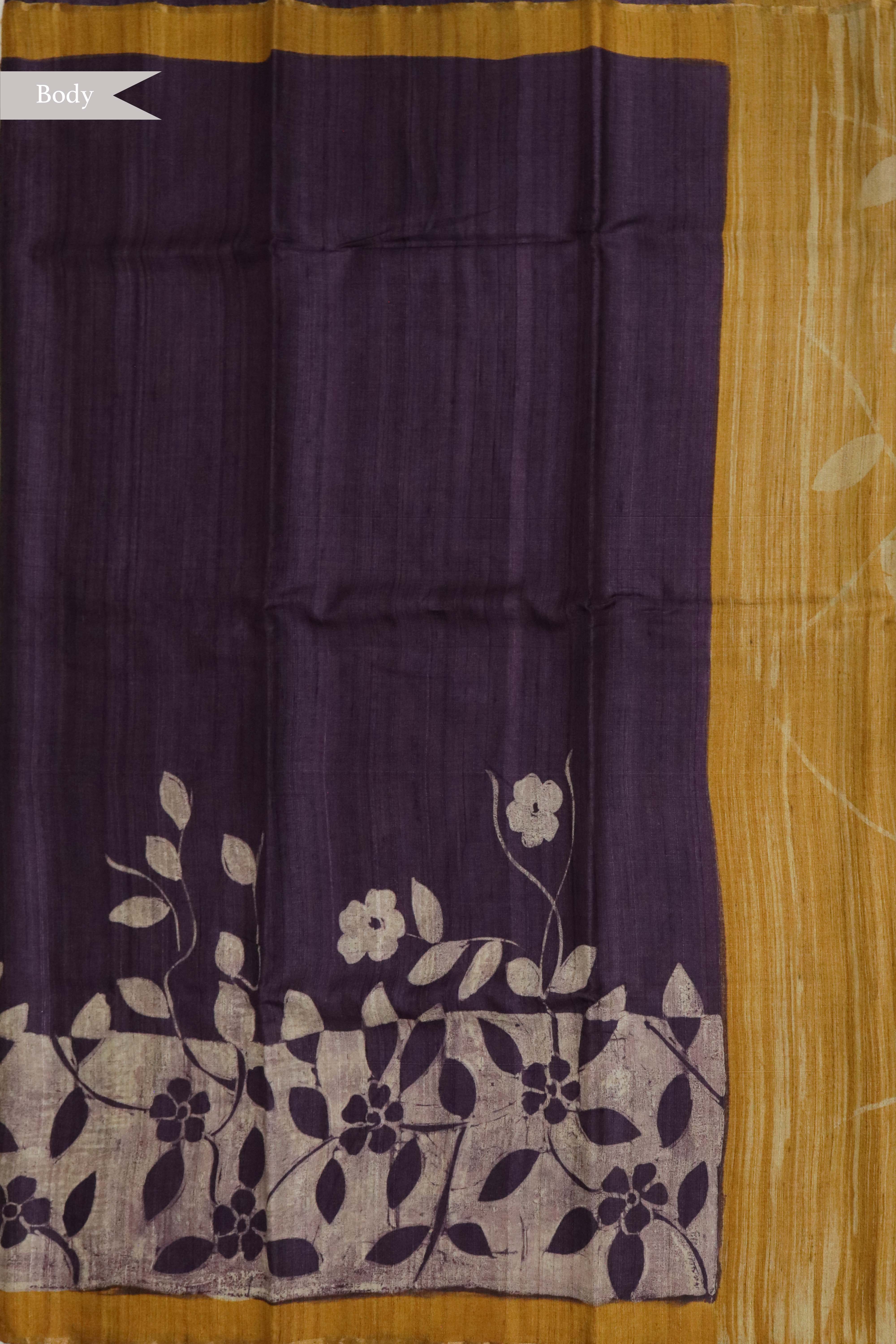 Dark Violet Floral Tussar Silk Saree