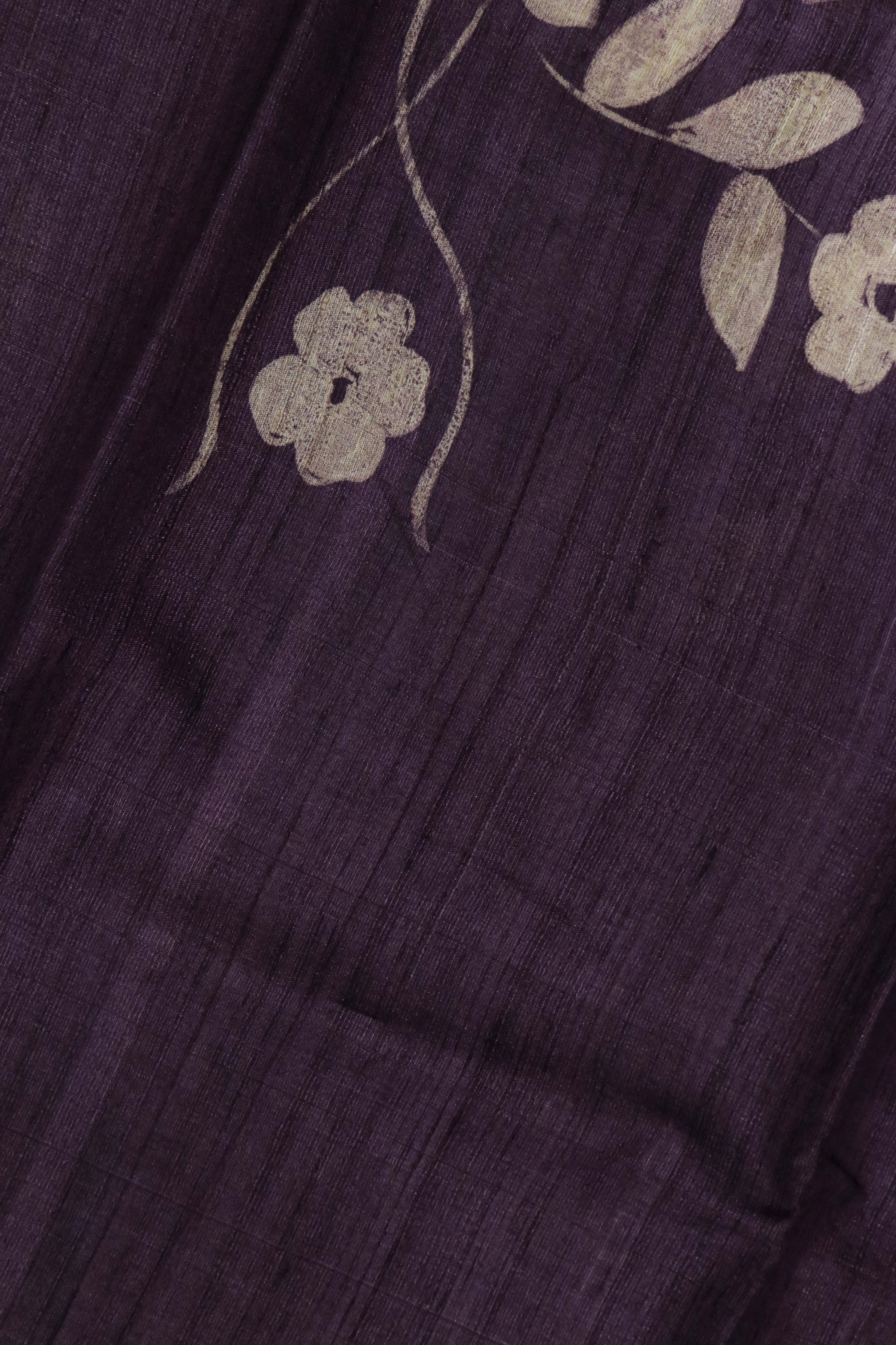 Dark Violet Floral Tussar Silk Saree