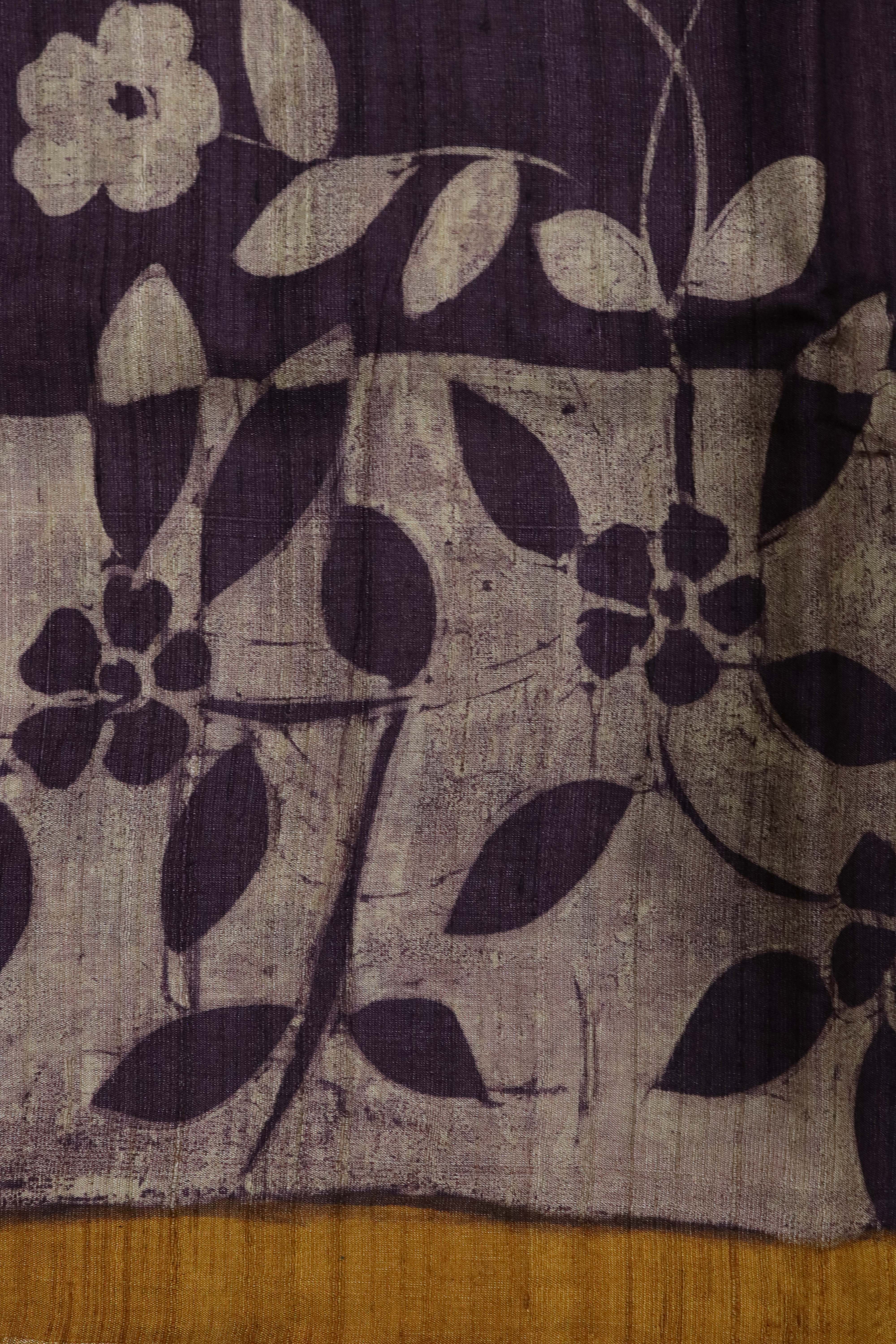 Dark Violet Floral Tussar Silk Saree