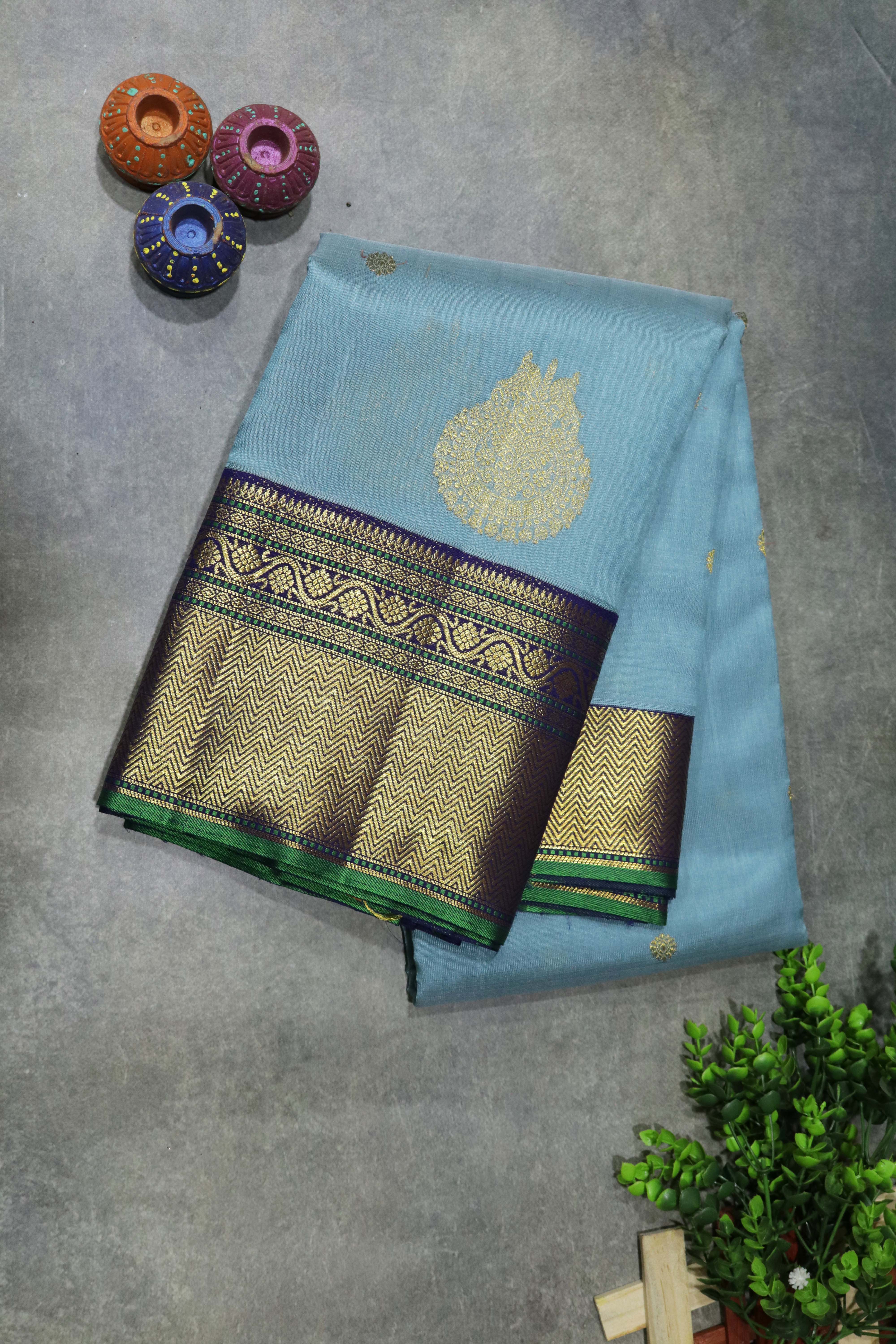 Pastel Blue Kanchivaram Kora Saree