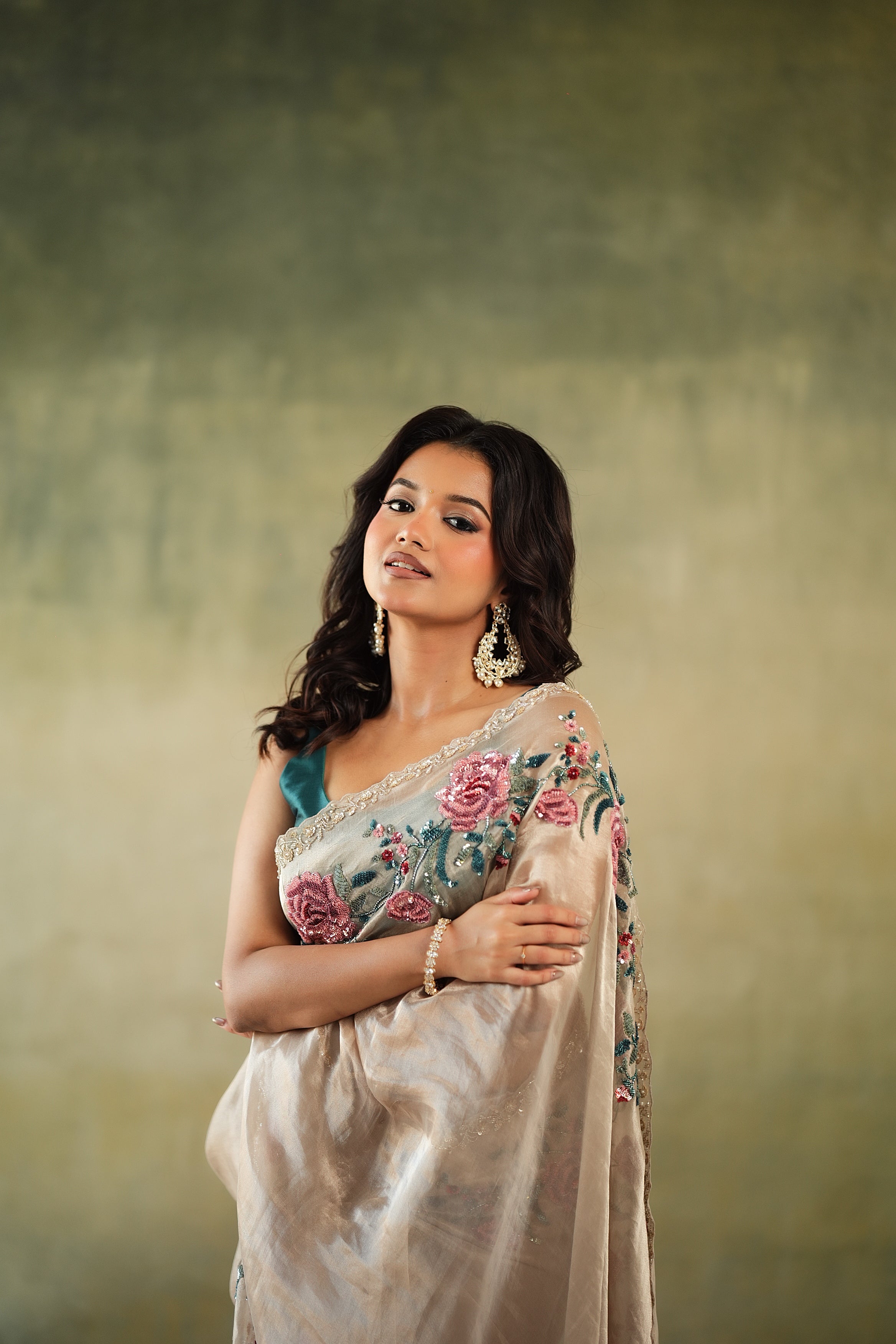 Rose Gold Tissue Organza Saree with Floral Sequin Border - Mokshaa