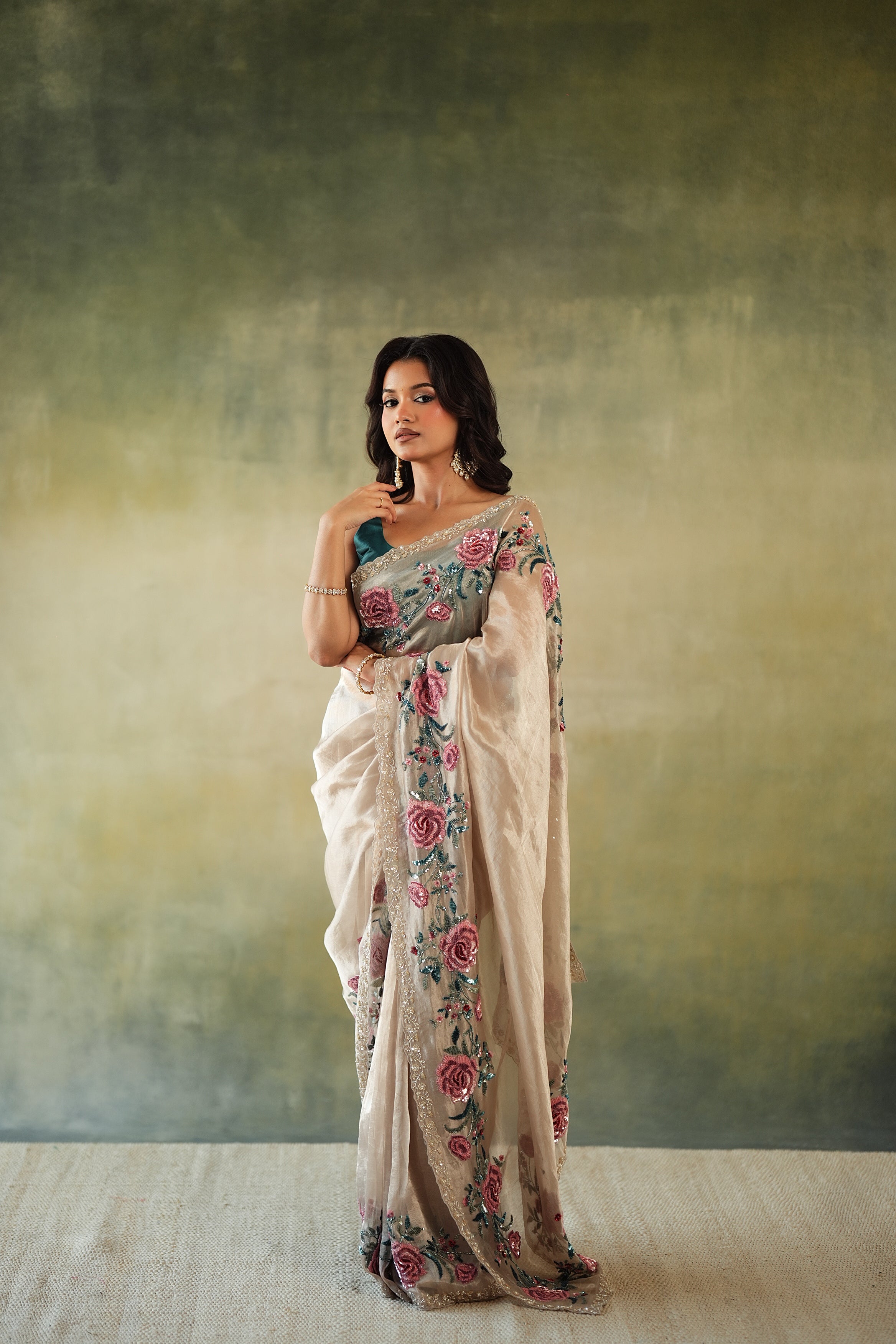Rose Gold Tissue Organza Saree with Floral Sequin Border - Mokshaa