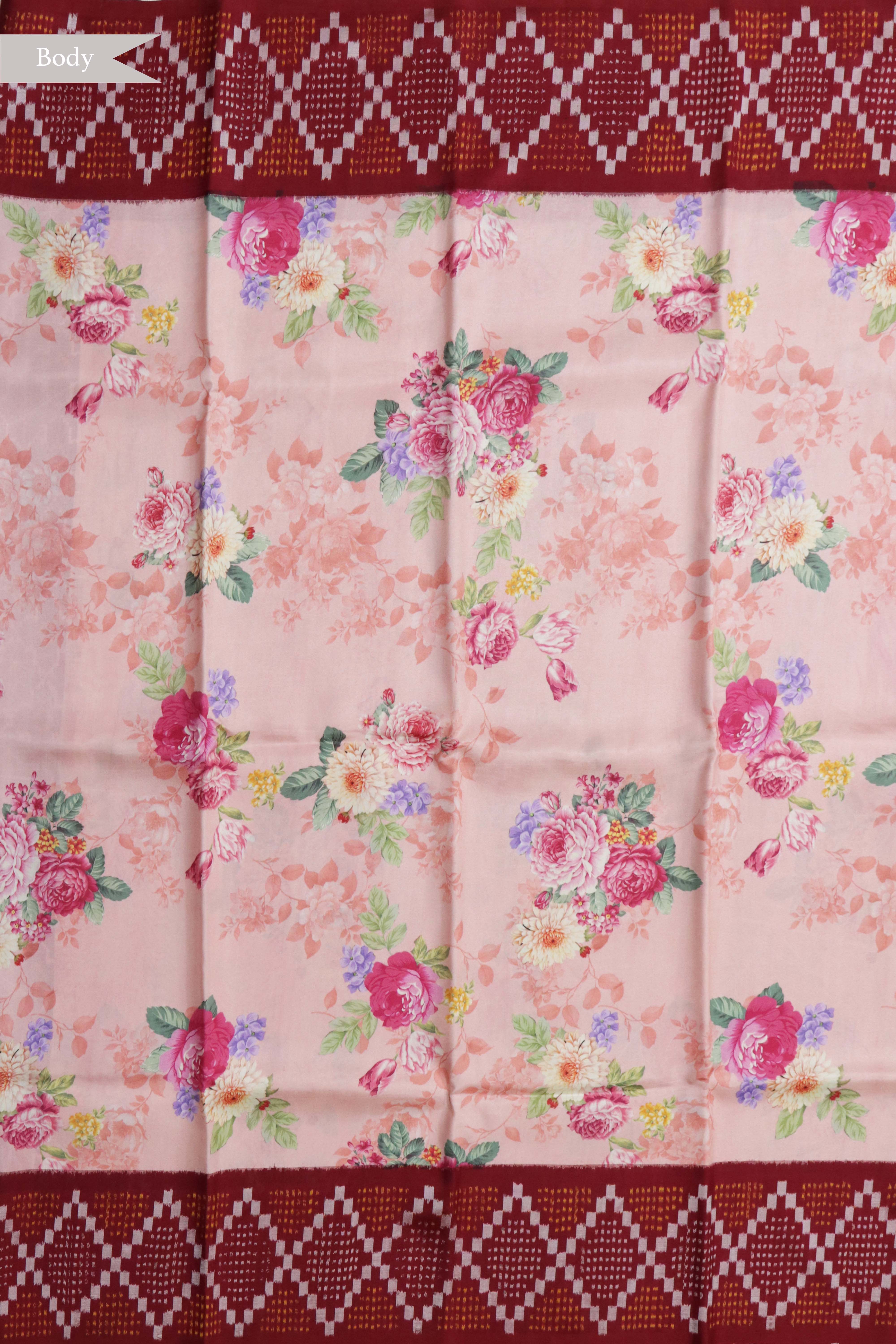 Pink Floral Printed Silk Saree with Ikat Border