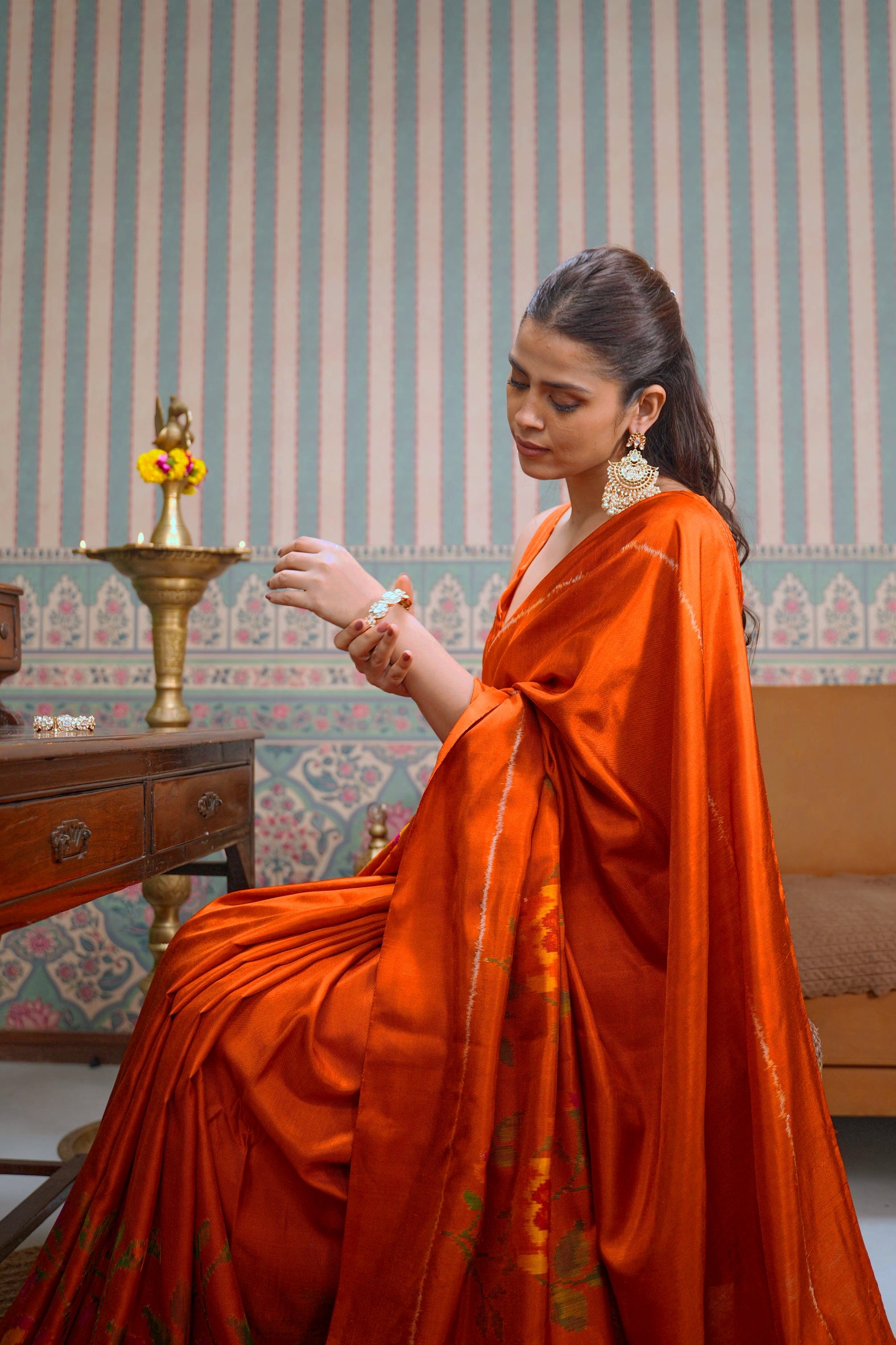 Orange Twill Silk Saree with Patola Weaving