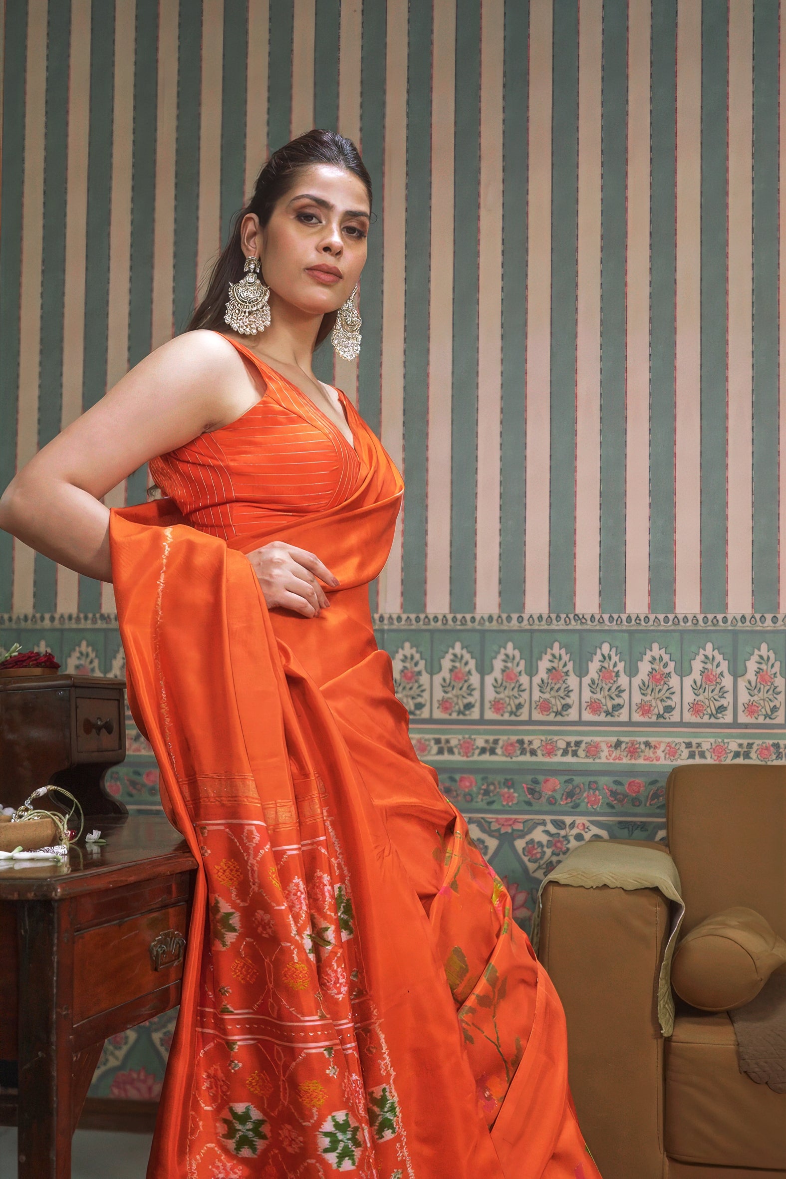 Orange Twill Silk Saree with Patola Weaving