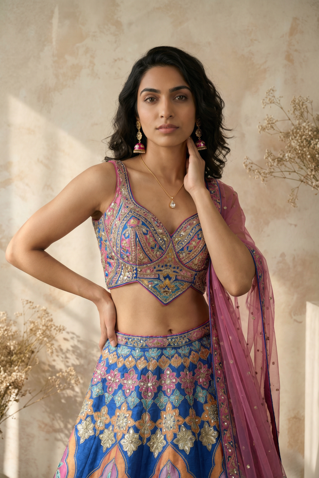 Royal Blue Printed Lehenga Set with Embroidered Blouse