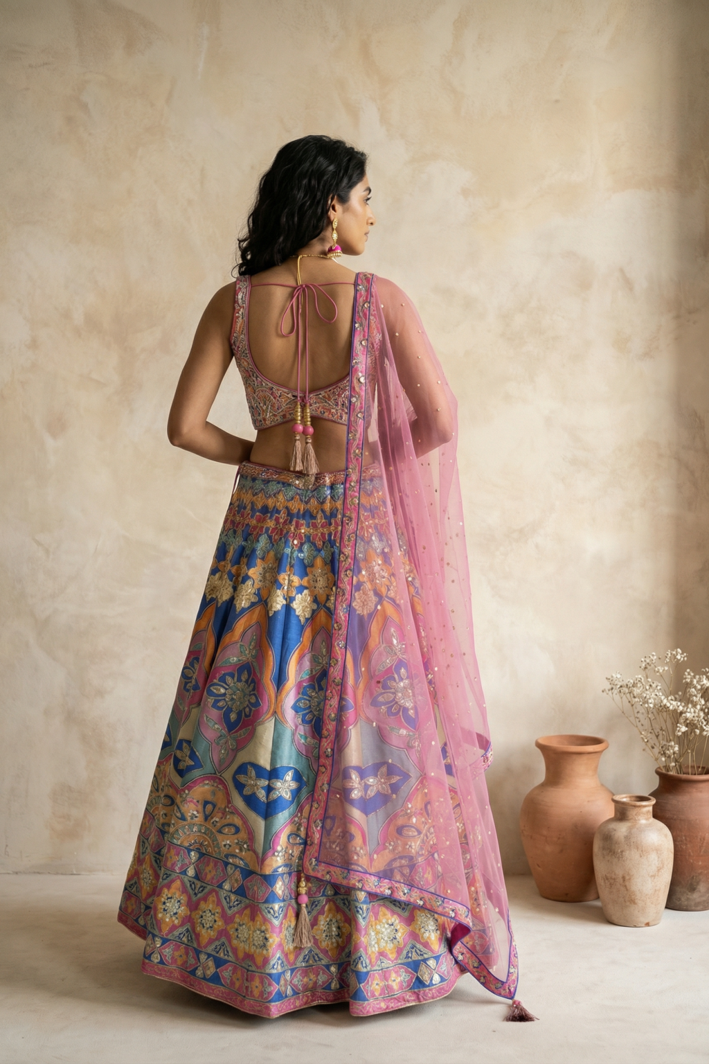 Royal Blue Printed Lehenga Set with Embroidered Blouse