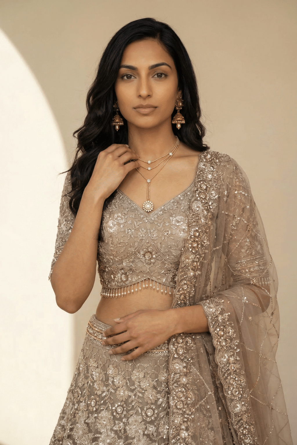 Champagne Gold Embroidered Net Lehenga Set