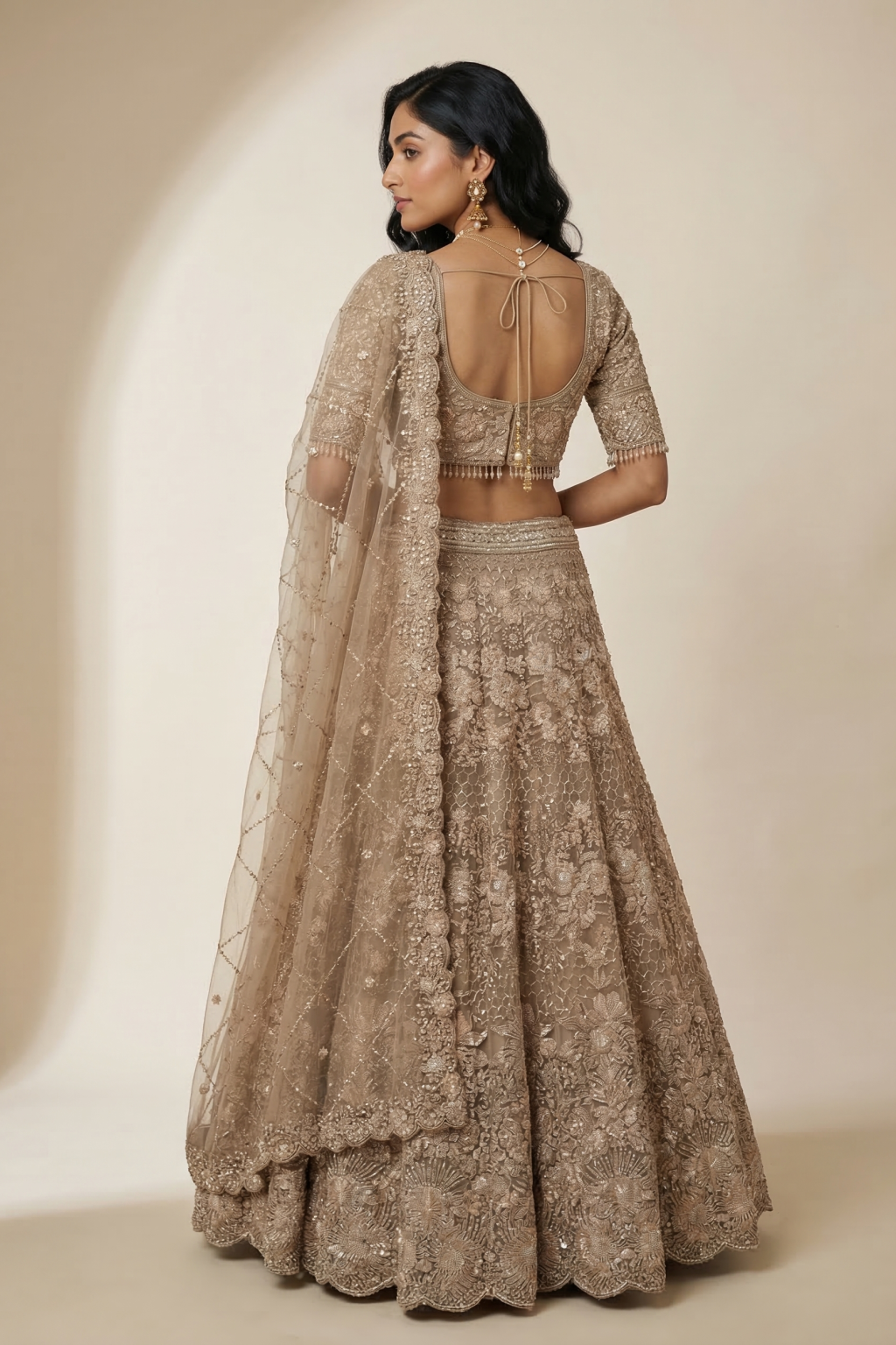 Champagne Gold Embroidered Net Lehenga Set