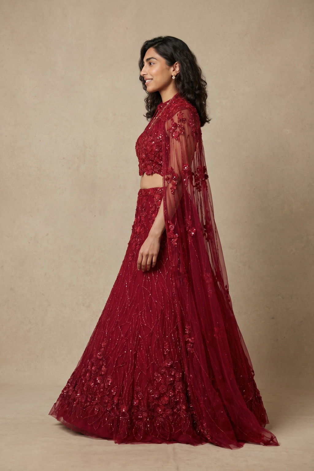 Maroon Net Fish Cut Lehenga with Cape