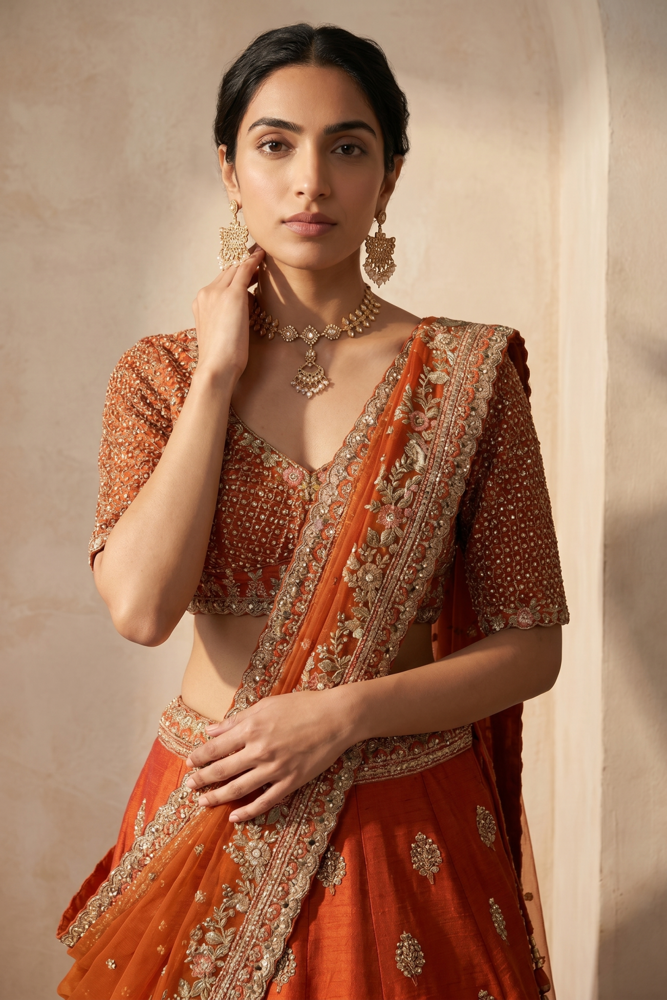 Rust Orange Raw Silk Lehenga